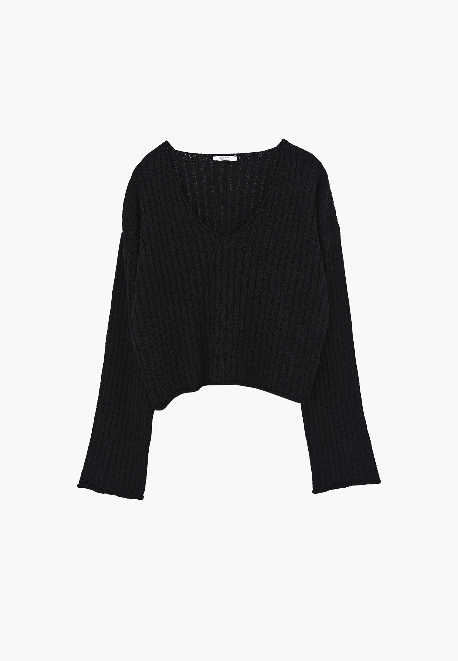 Ribbed V-Neck Long Sleeve Sweater - BLACK