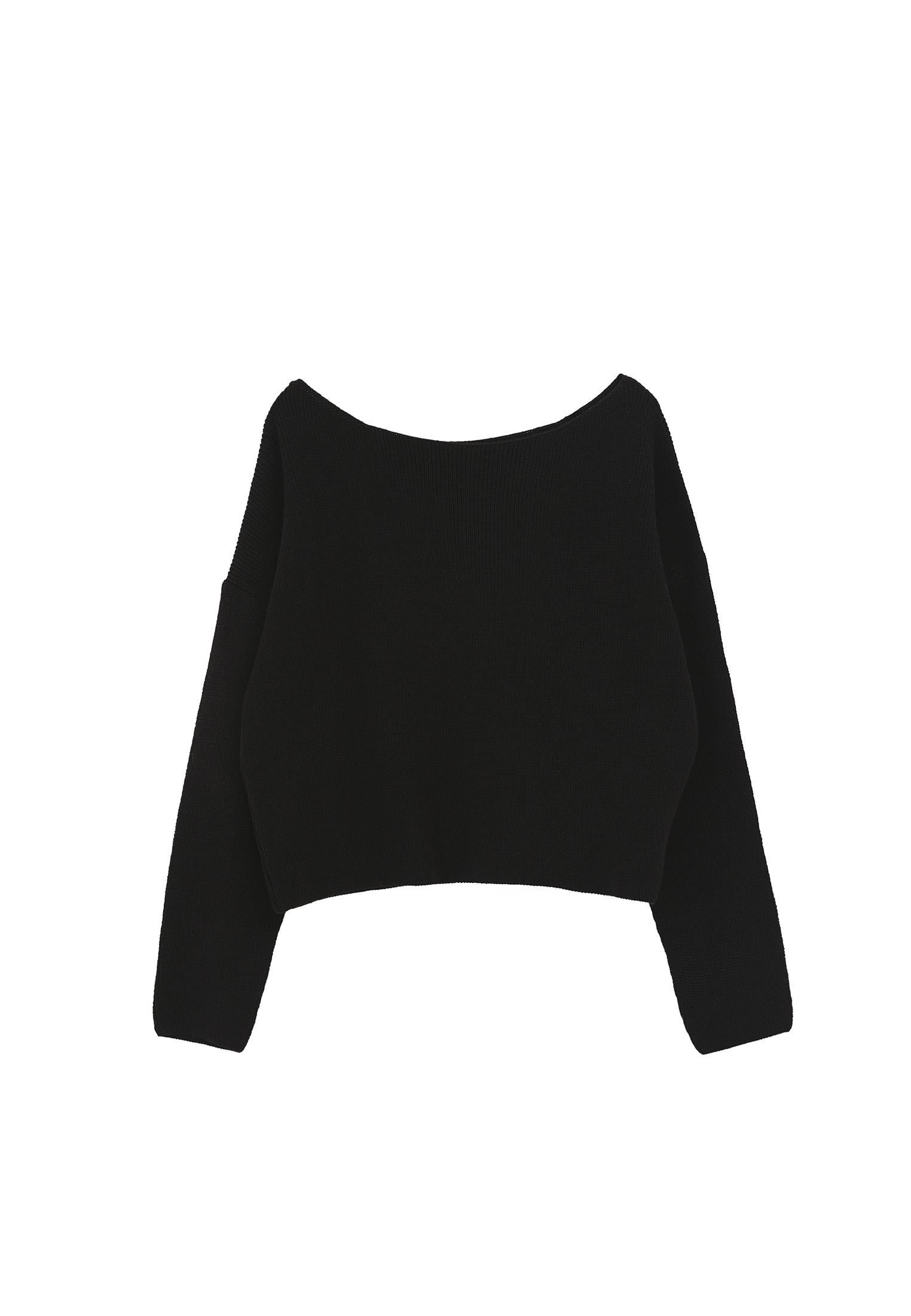 Boat Neck Long Sleeve Sweater - BLACK