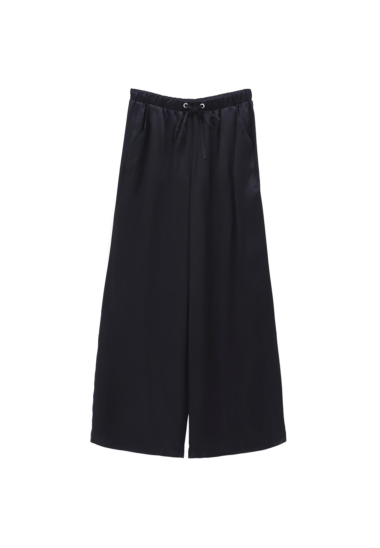 Wide Leg High Waist Elastic Waistband Trouser - BLACK