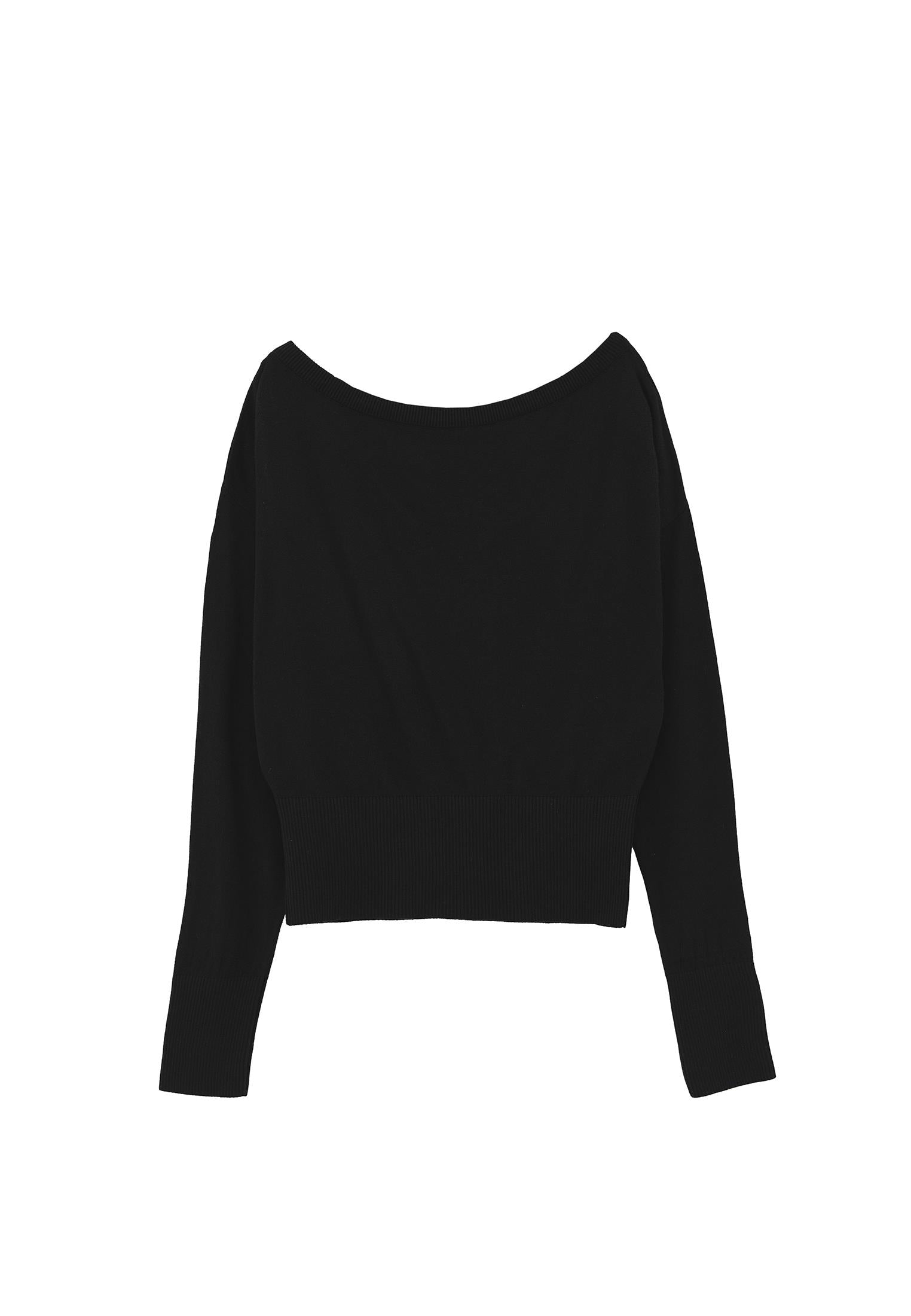 Boat Neck Long Sleeve Sweater - BLACK