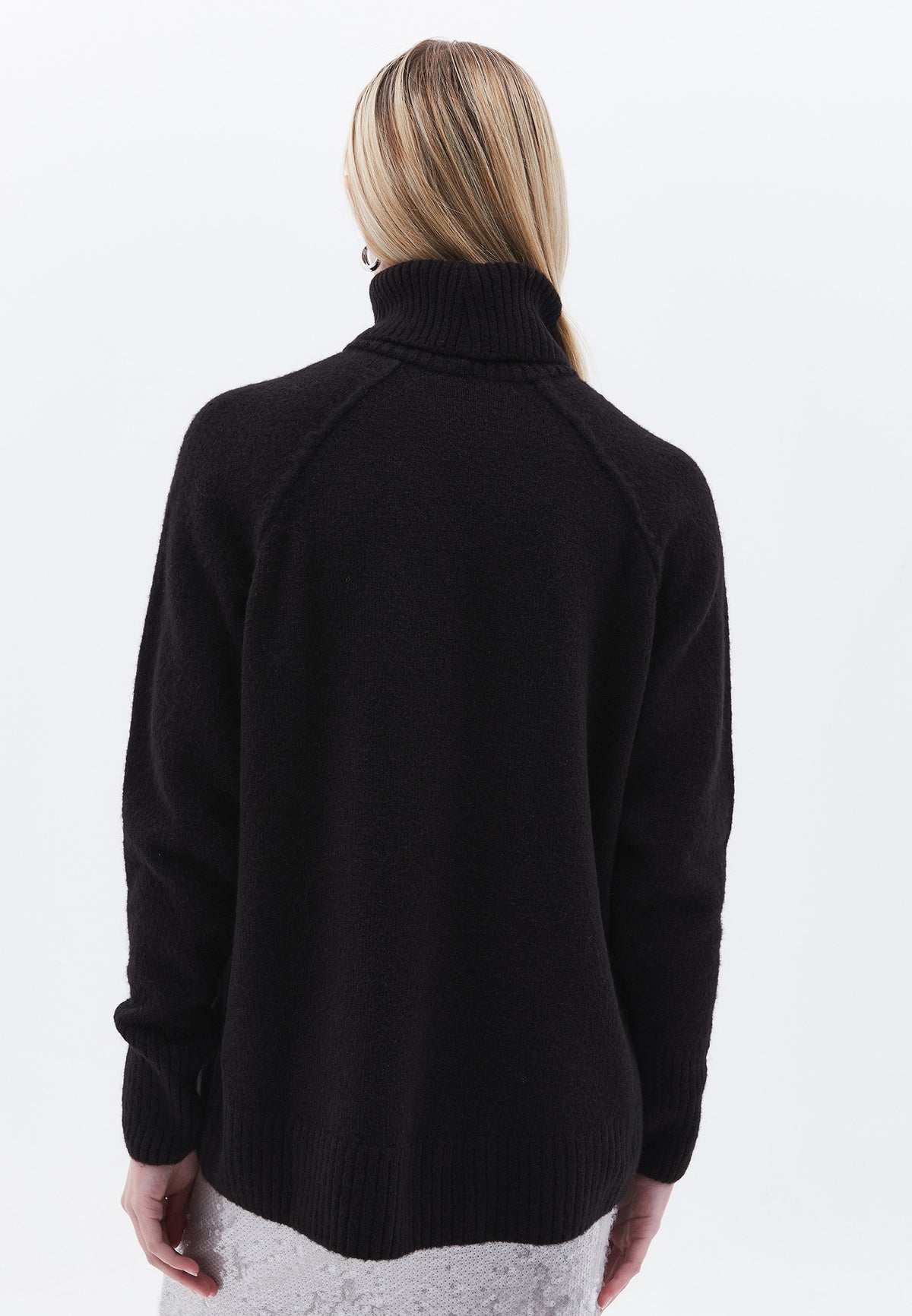 Turtleneck Raglan Sleeve Ribbed Knitwear - BLACK