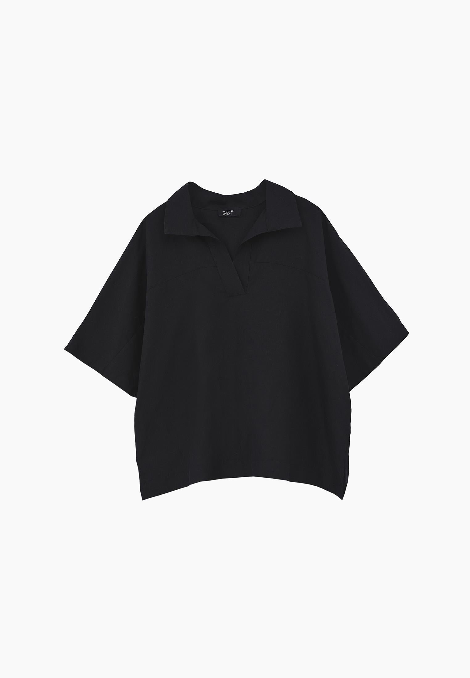 Polo Neck Batwing Sleeve Oversize Blouse - BLACK