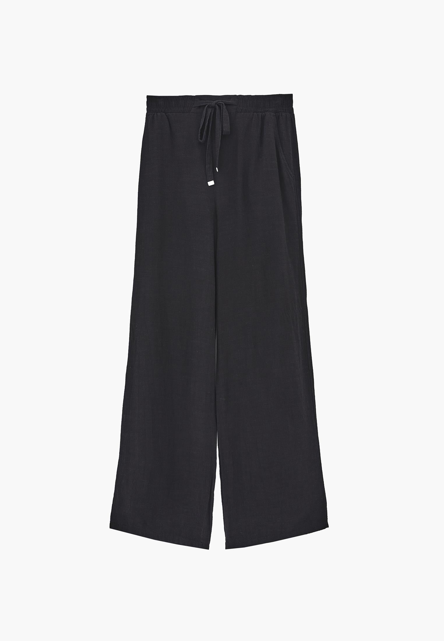 Wide Leg Pants With Elastic Waist - BLACK