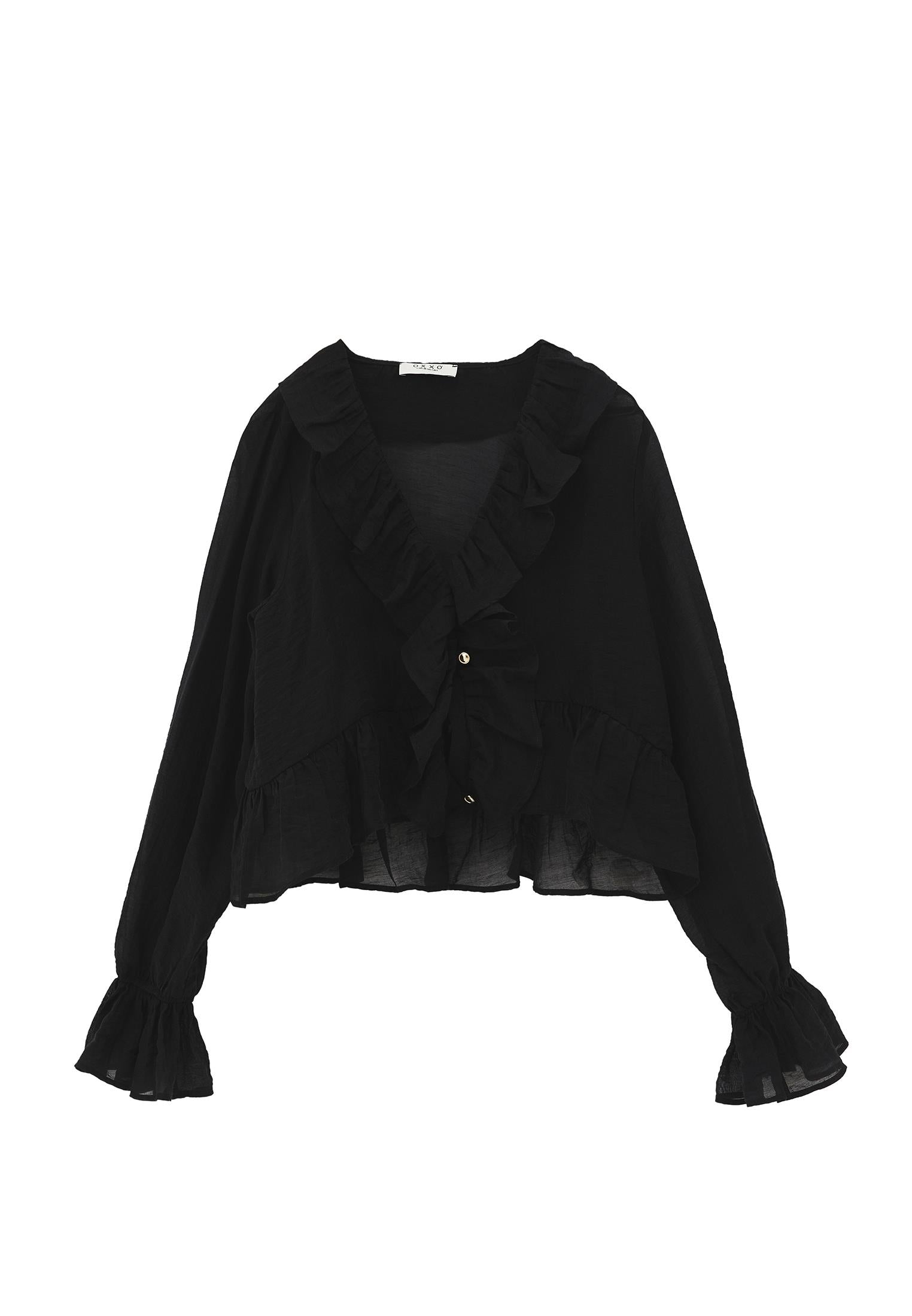 Ruffle Detail Buttoned Blouse - BLACK