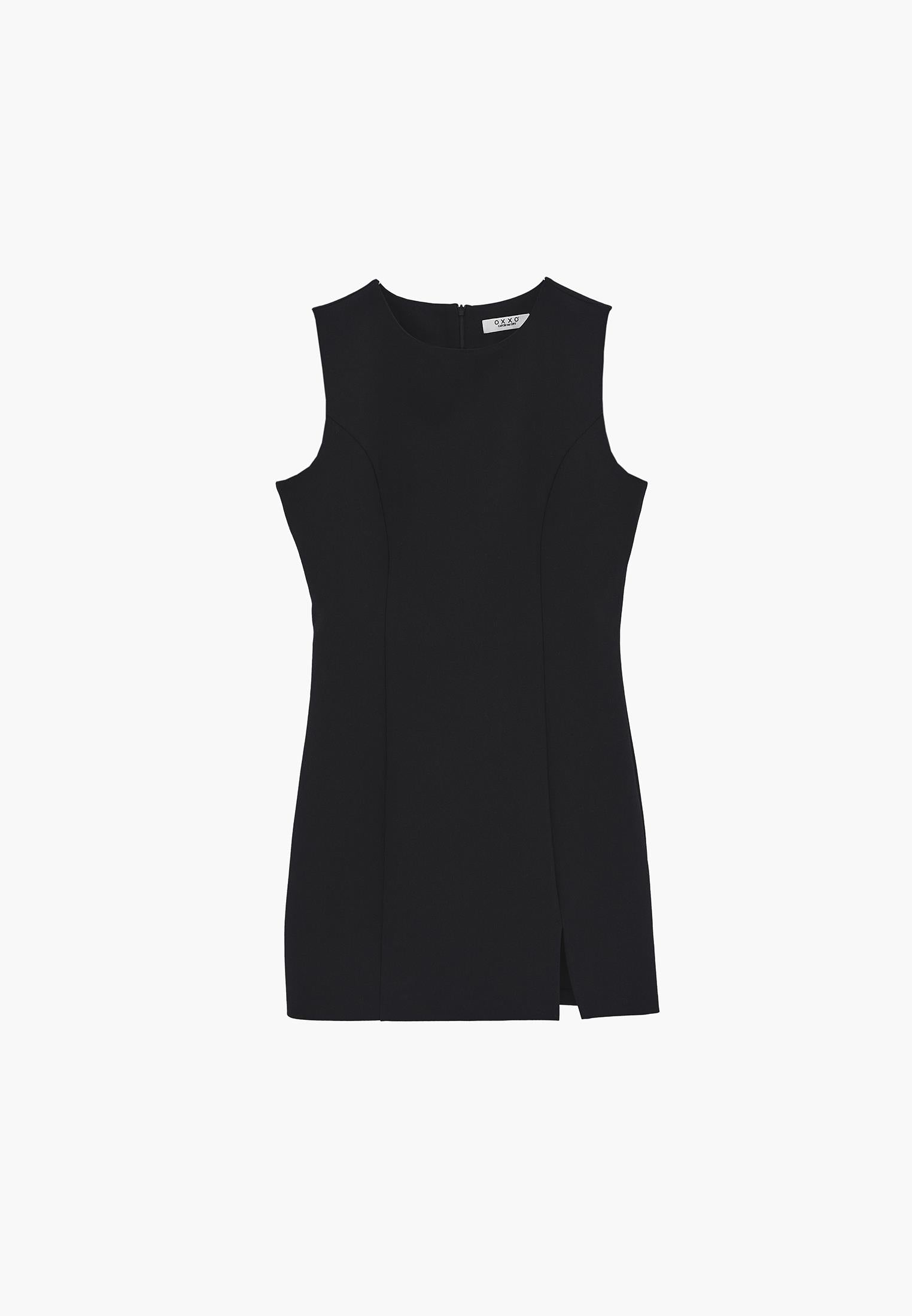 Sleeveless Dress With Slit And Round Neck - BLACK
