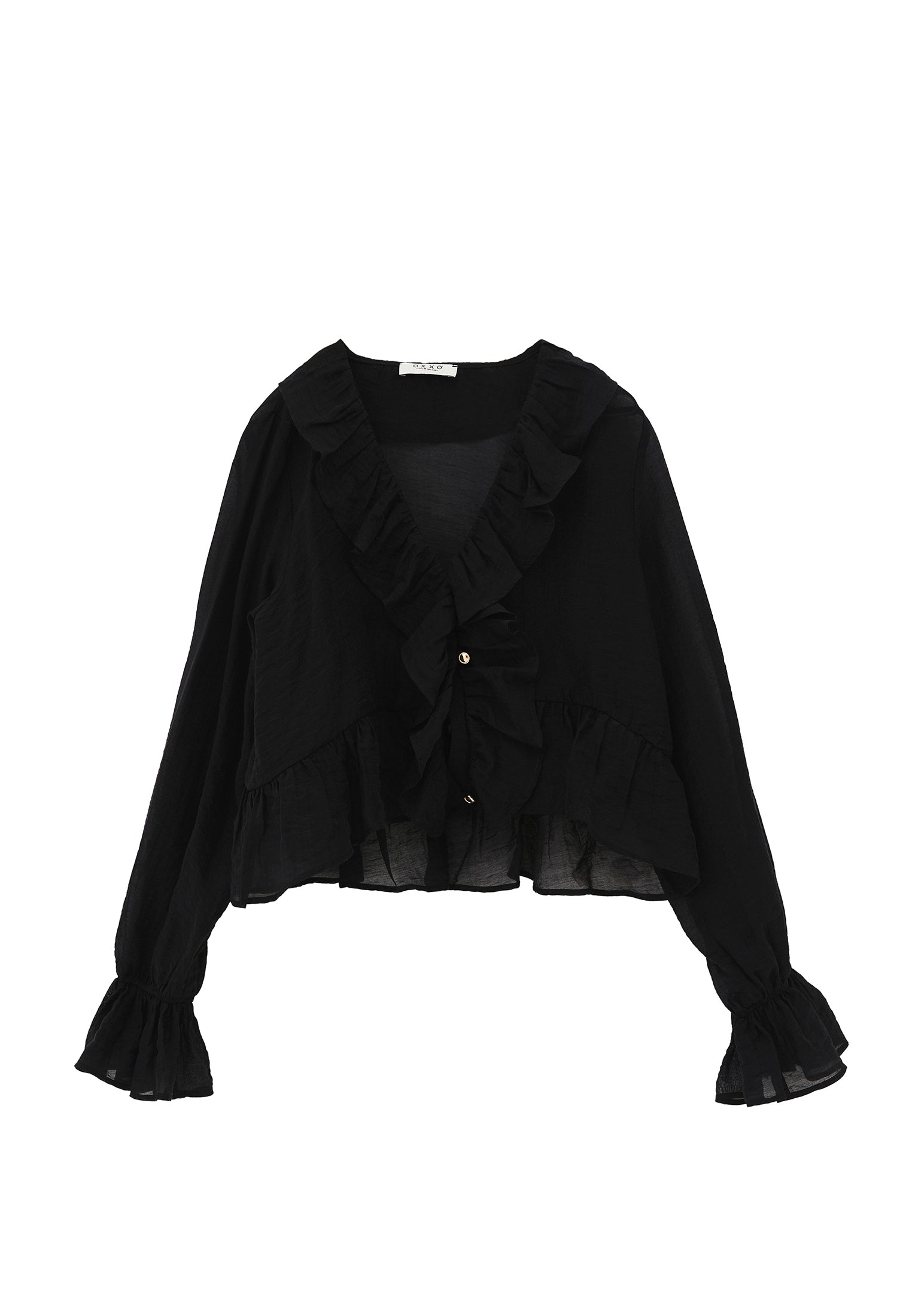 Ruffle Detail Buttoned Blouse - BLACK