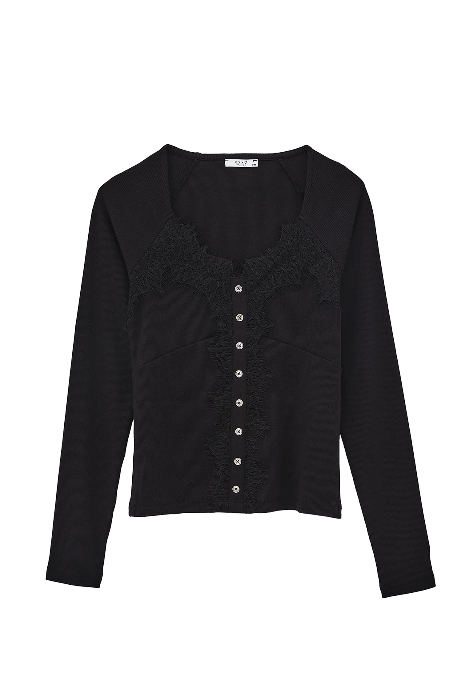 Ribbed Fabric Button Detailed V Neck Long Sleeve T-Shirt - BLACK