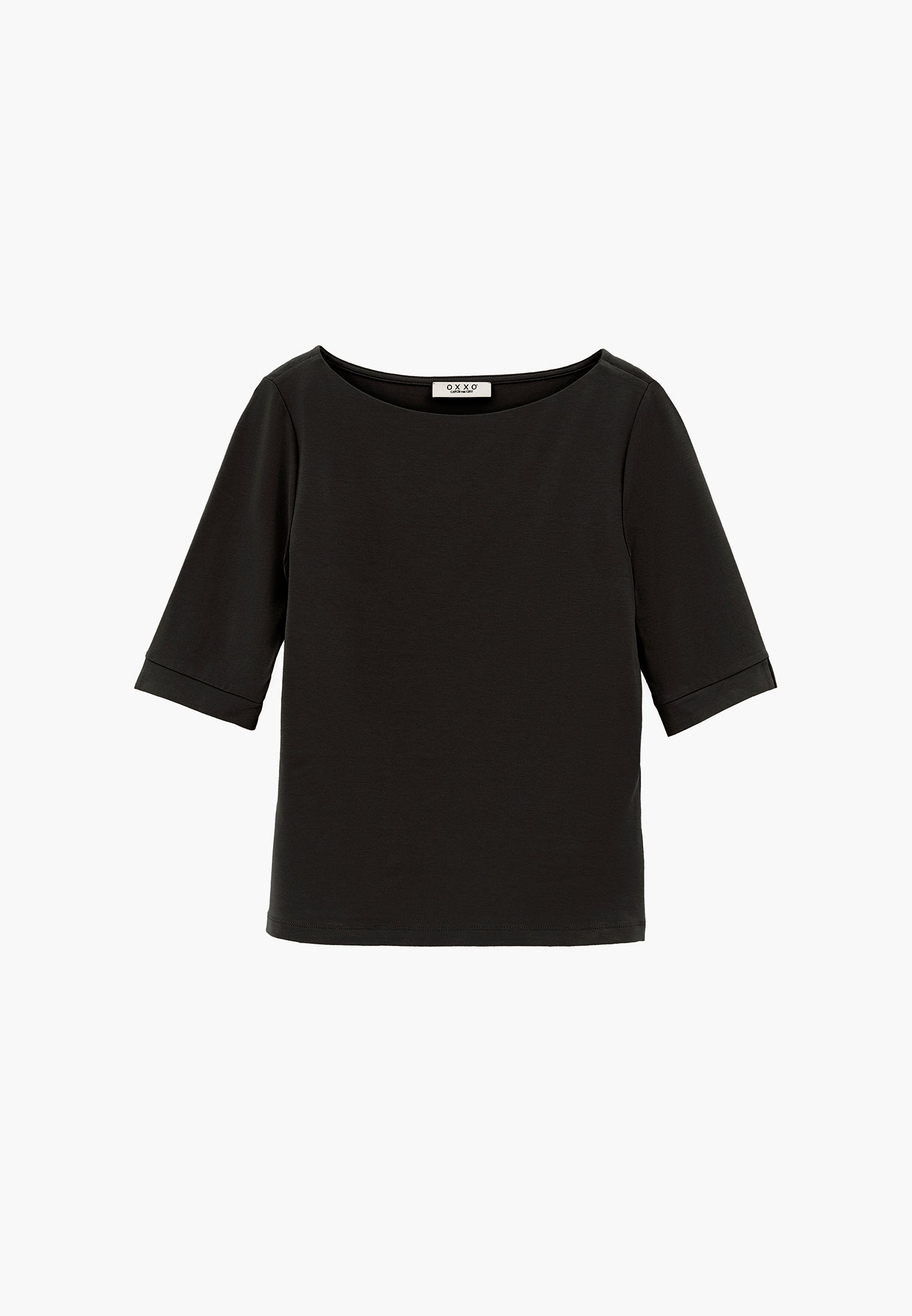Boat Neck Half Sleeve Bodycon T-Shirt - BLACK