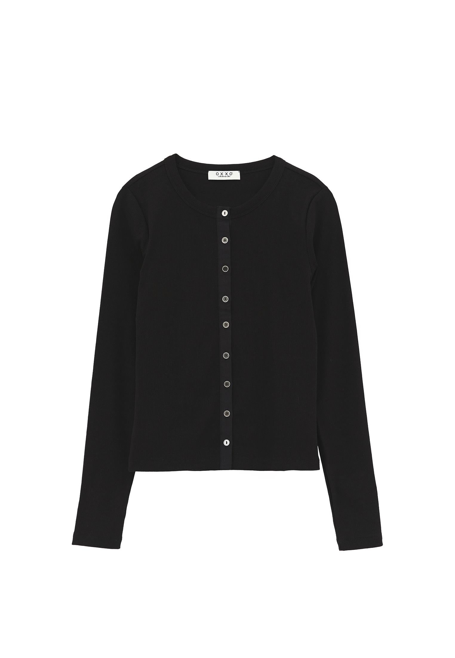 Button Detailed Crew Neck Long Sleeve T-Shirt - BLACK