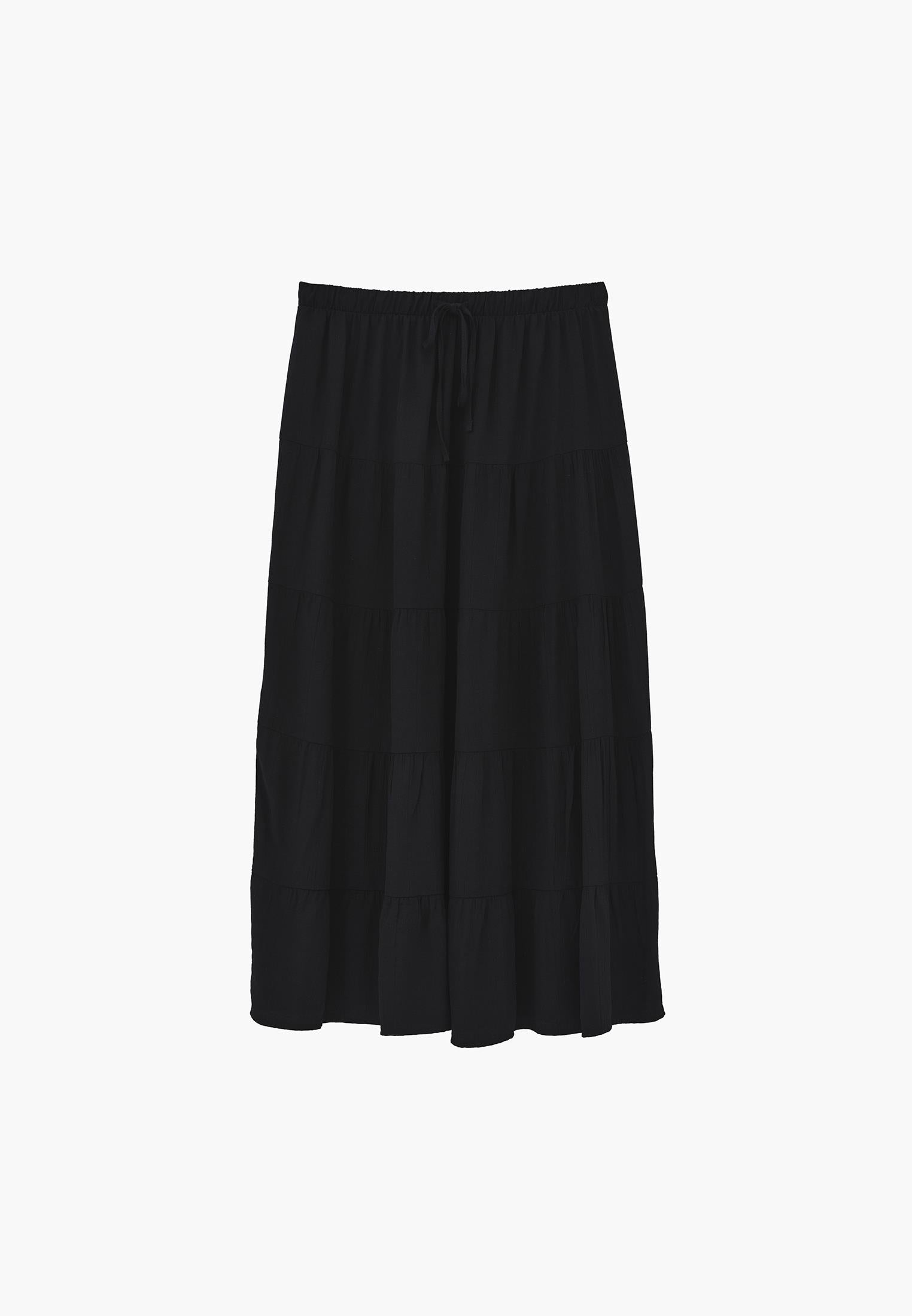 High Waist Ruched Midi Skirt - BLACK