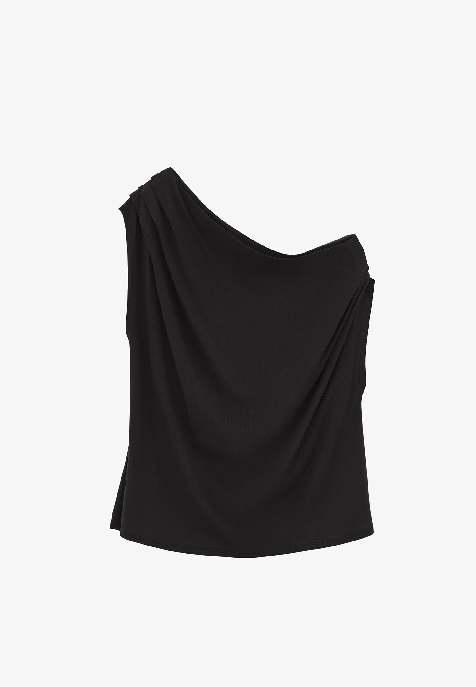 Pleated Asymmetric T-Shirt - BLACK