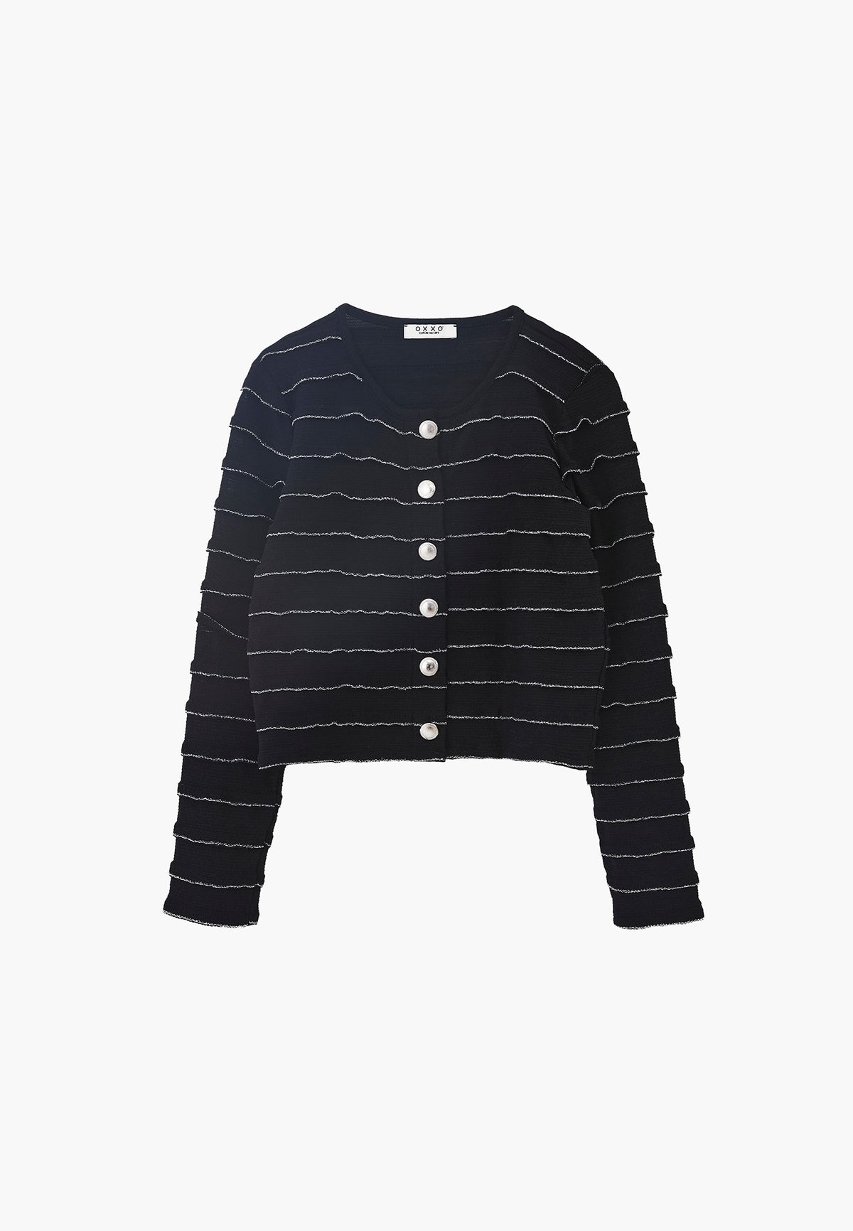 Shimmery Crew Neck Long Sleeve Cardigan - BLACK
