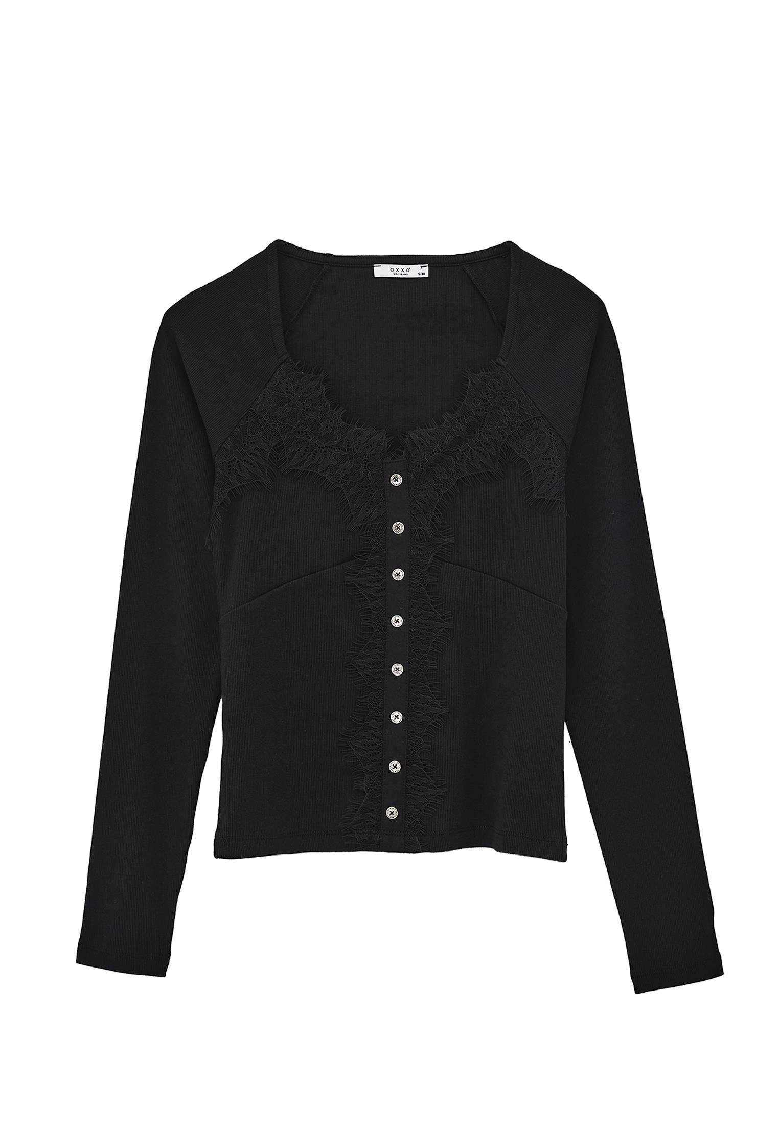 Ribbed Fabric Button Detailed V Neck Long Sleeve T-Shirt - BLACK