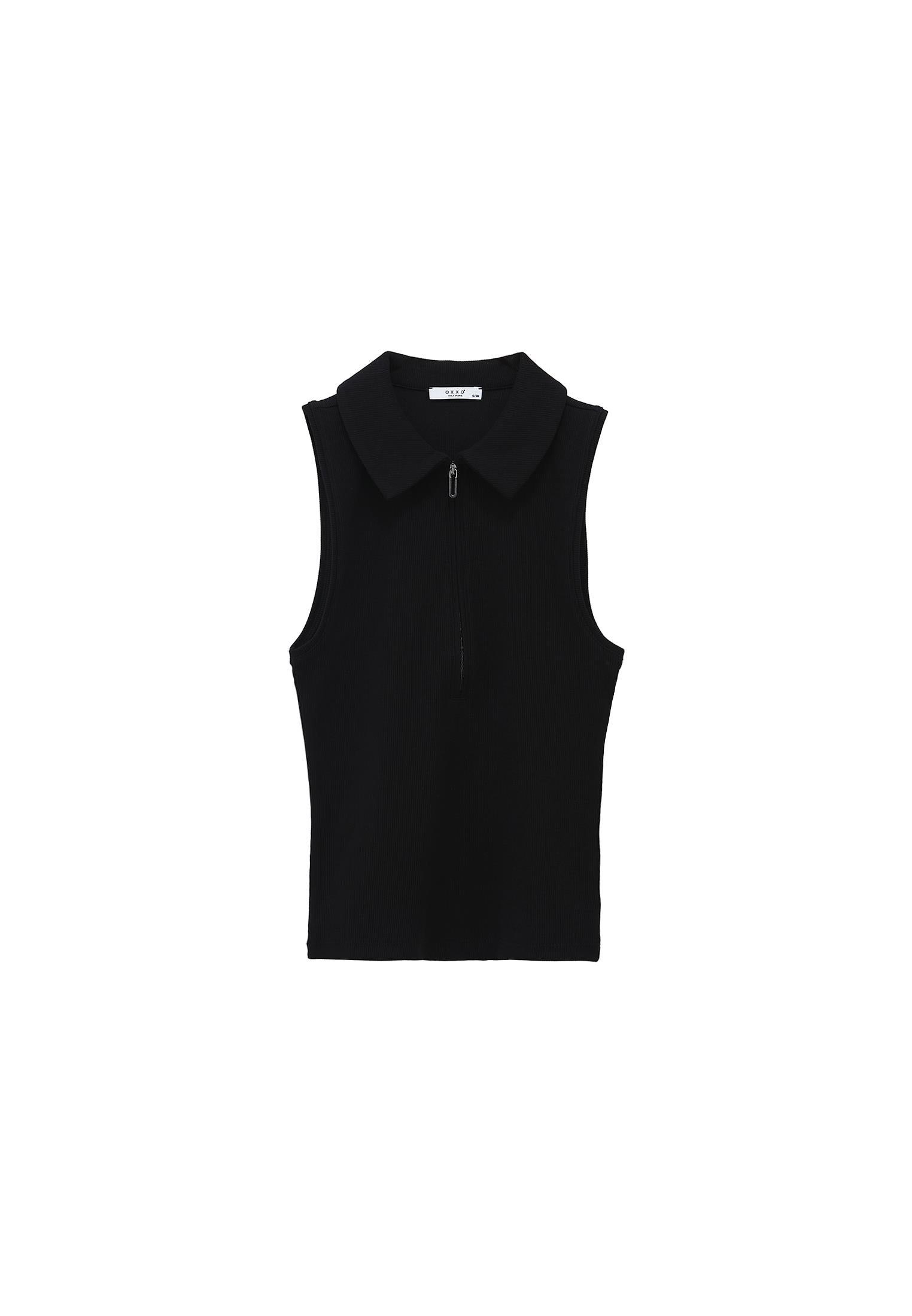 Zip Detailed Polo Collar Tank Top - BLACK