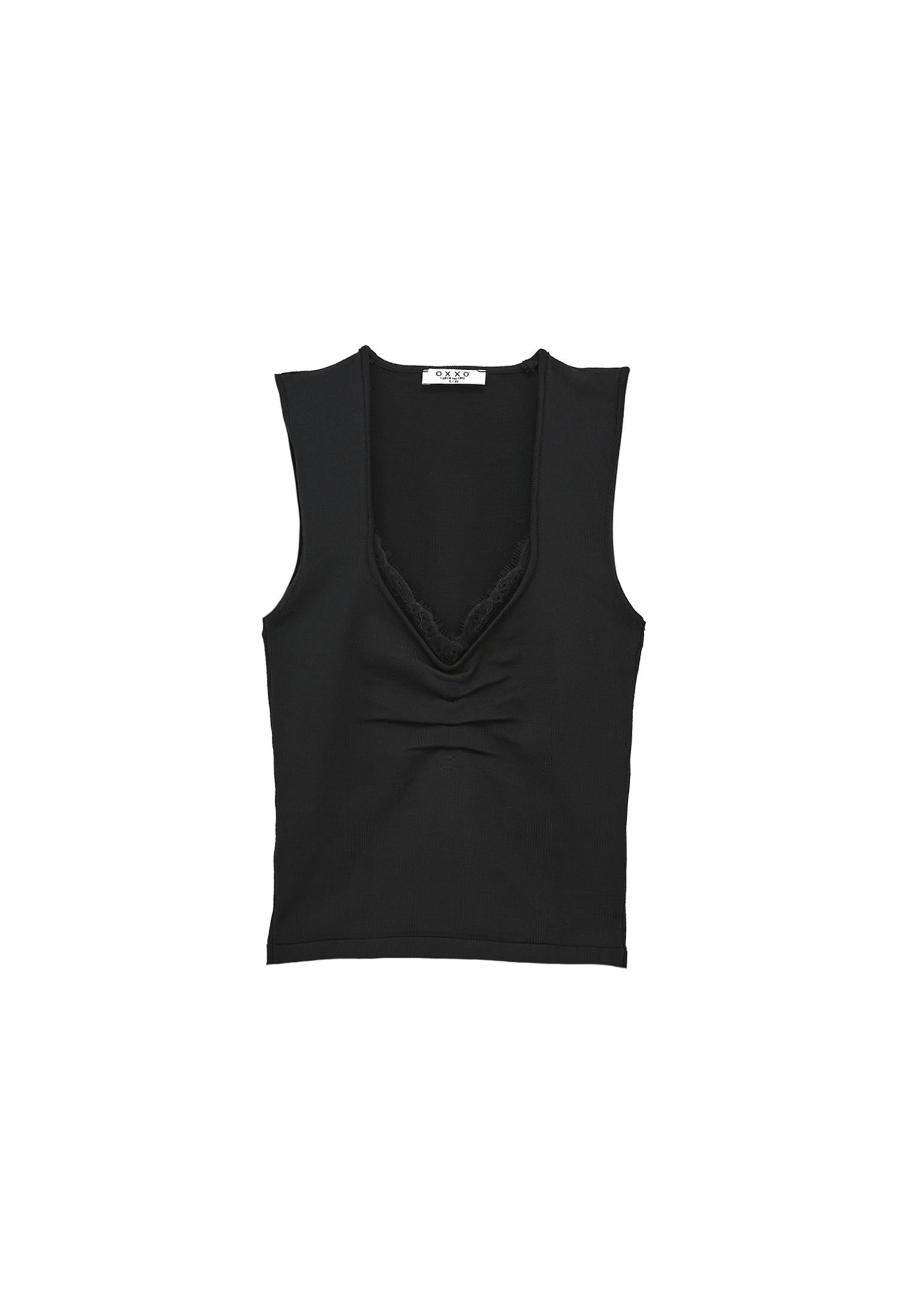 V Neck Ruched Tank Top - BLACK