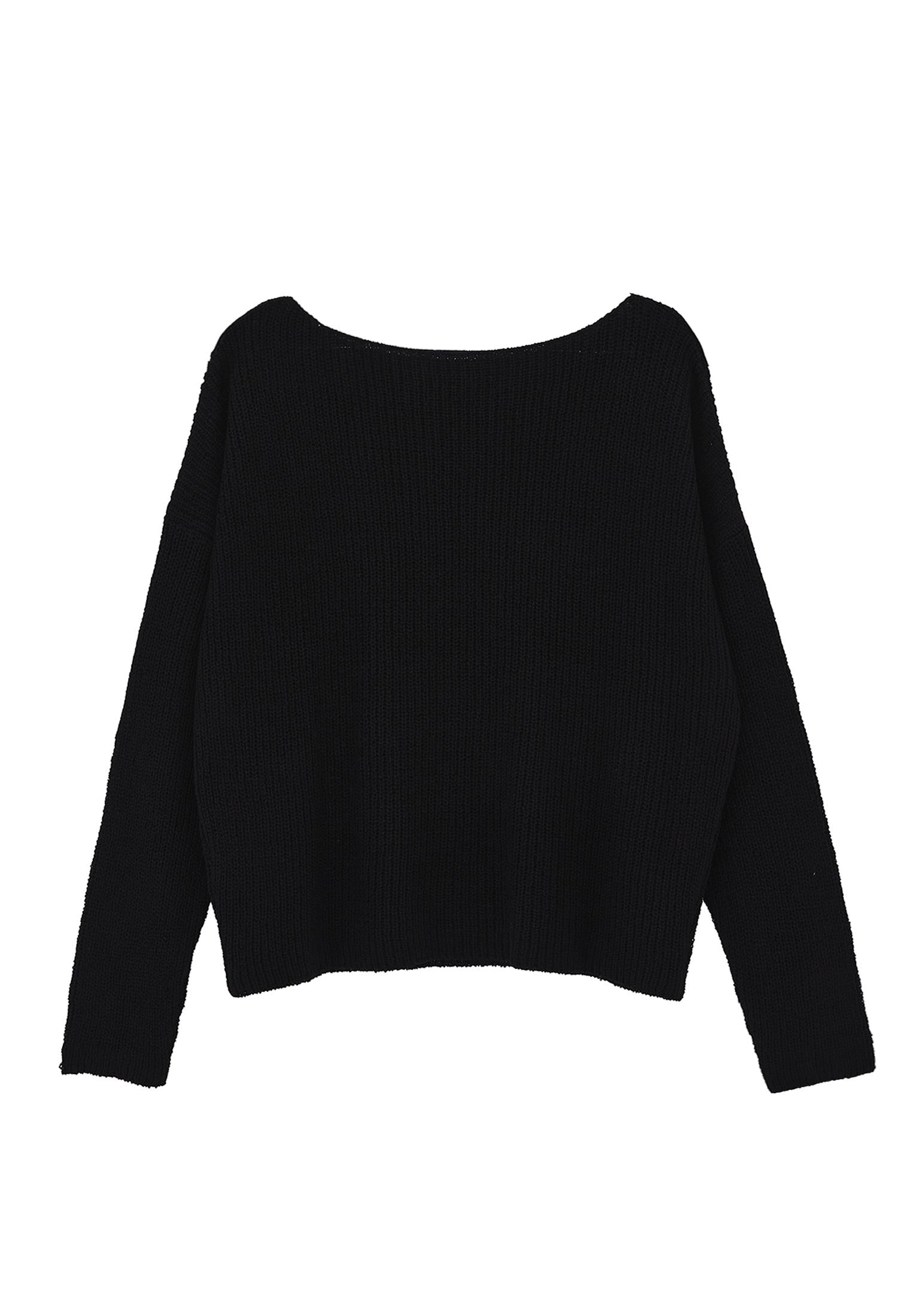 Boat Neck Long Sleeve Sweater - BLACK