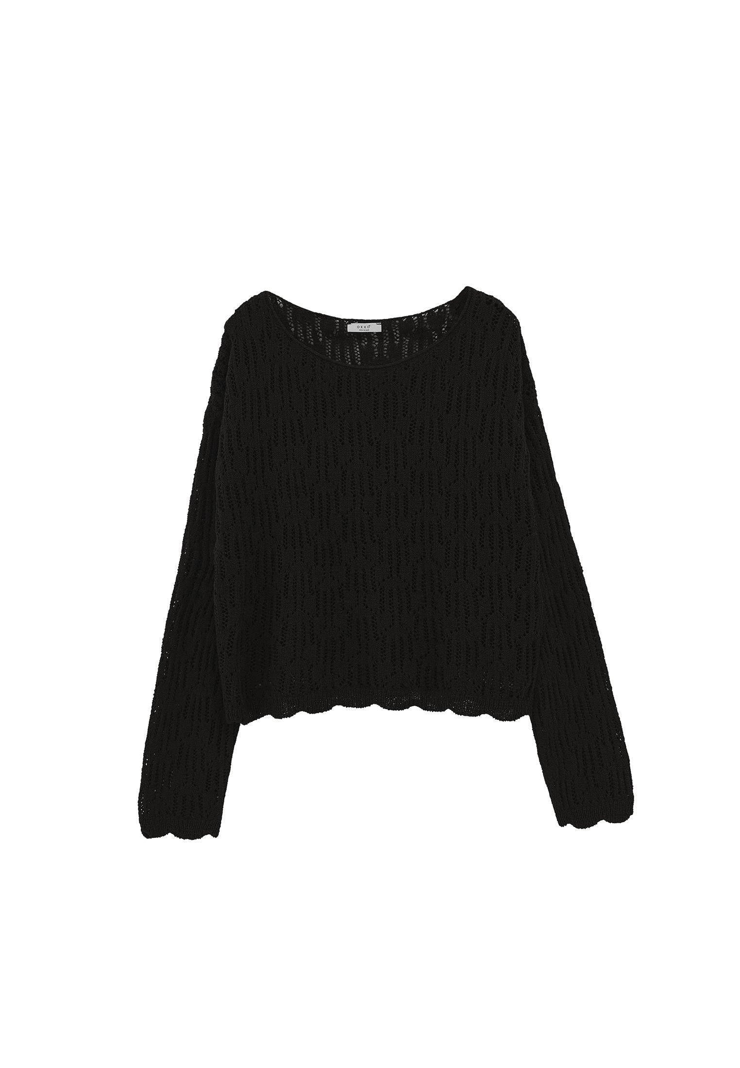 Openwork Boat Neck Sweater - BLACK