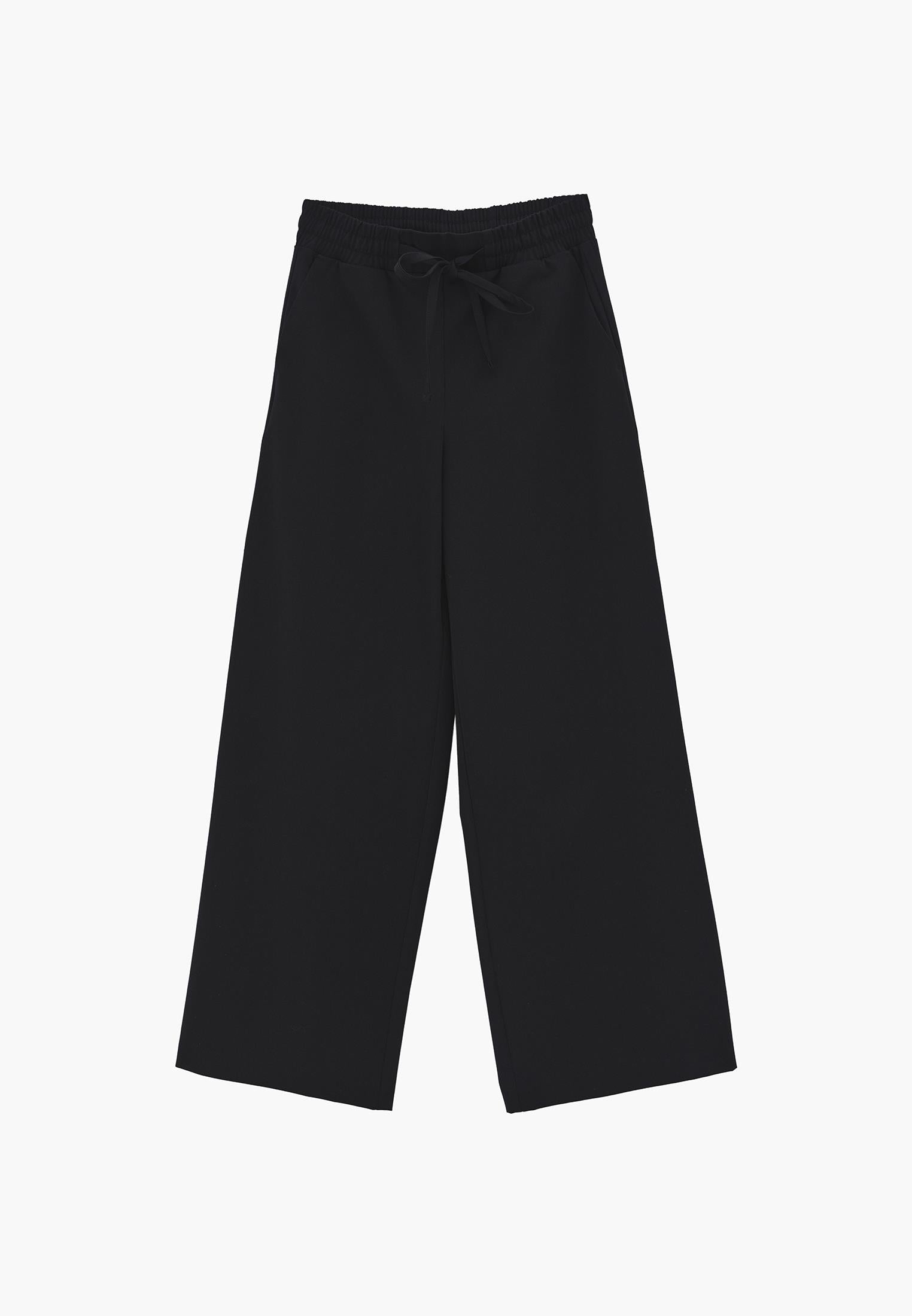 Wide Leg High Waist Elastic Waistband Pants - BLACK
