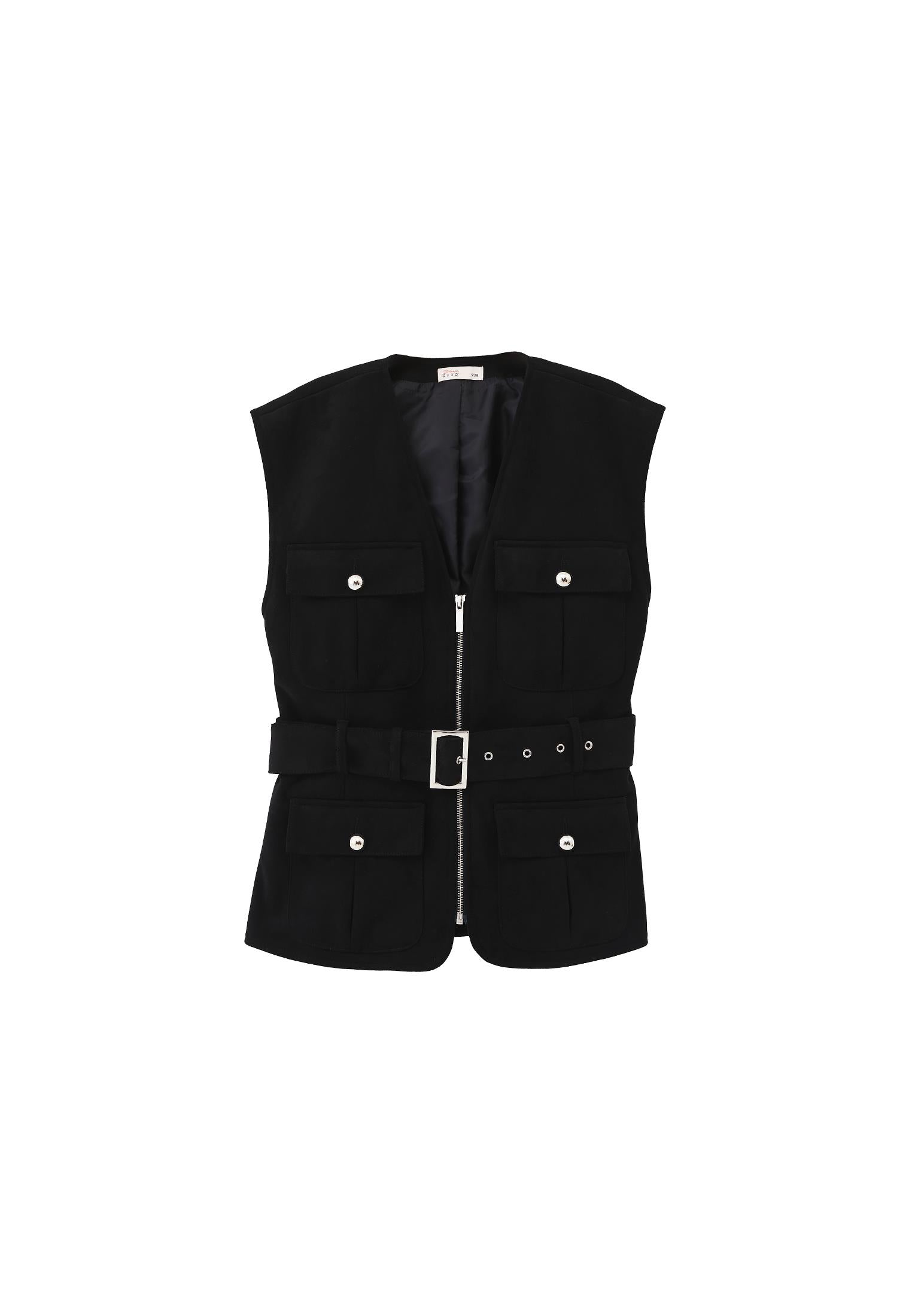 V Neck Belted Vest - BLACK