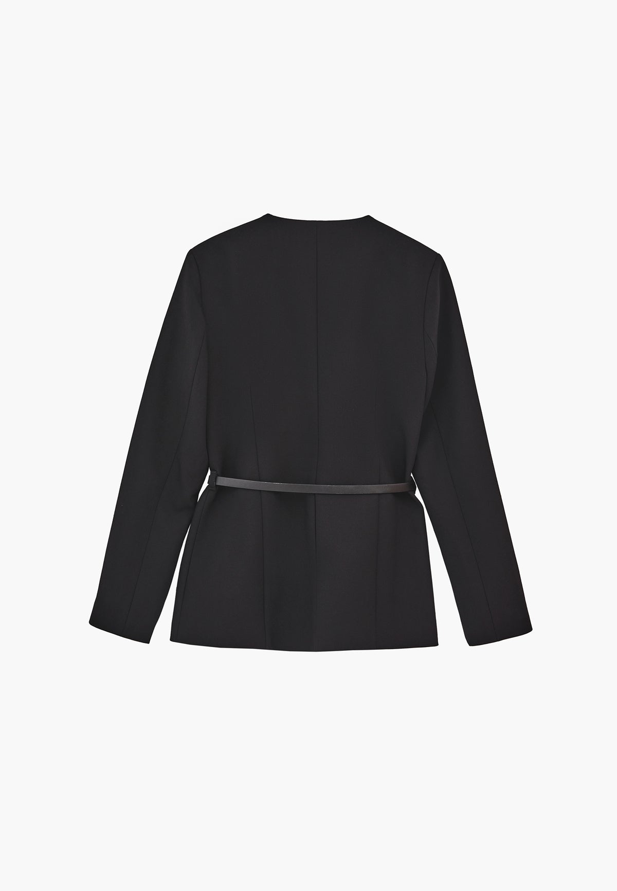 V-Neck Blazer Jacket With Belt Detail - BLACK