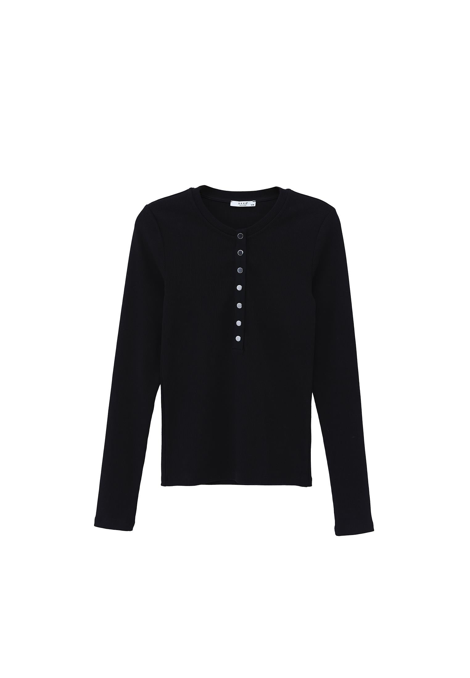 Ribbed Fabric Long Sleeve T-Shirt Crew Neck - BLACK