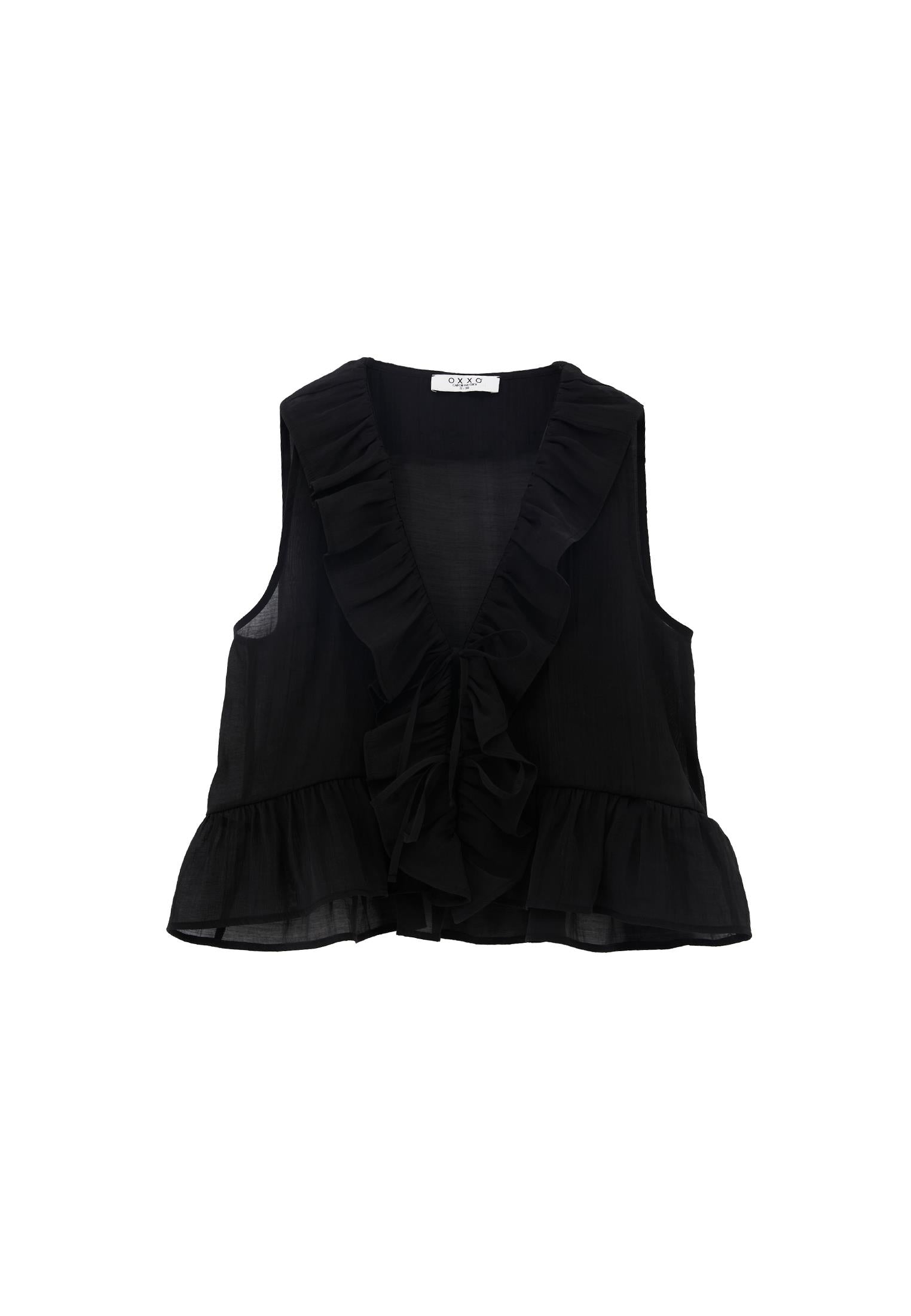 V-Neck Frilled Blouse - BLACK