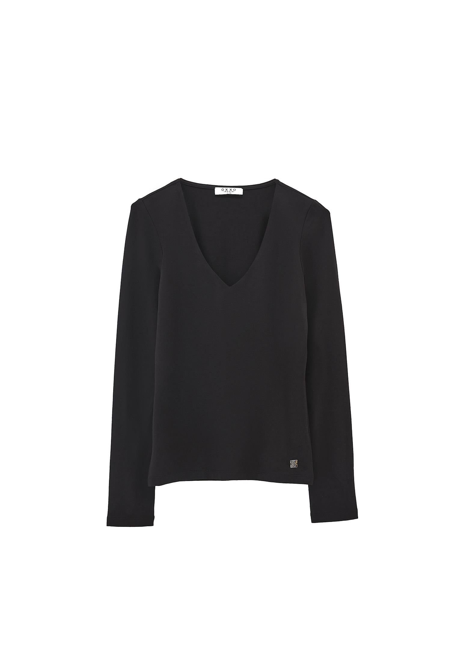 V Neck Long Sleeve T-Shirt - BLACK
