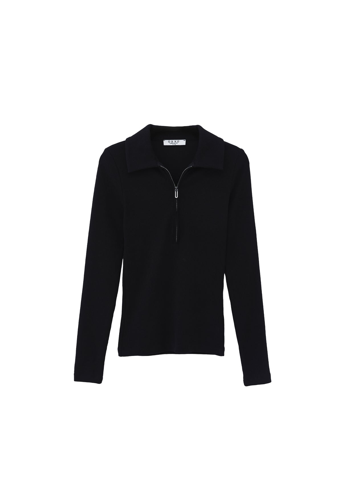 Polo Collar Long Sleeve T-Shirt With Zipper Detail - BLACK