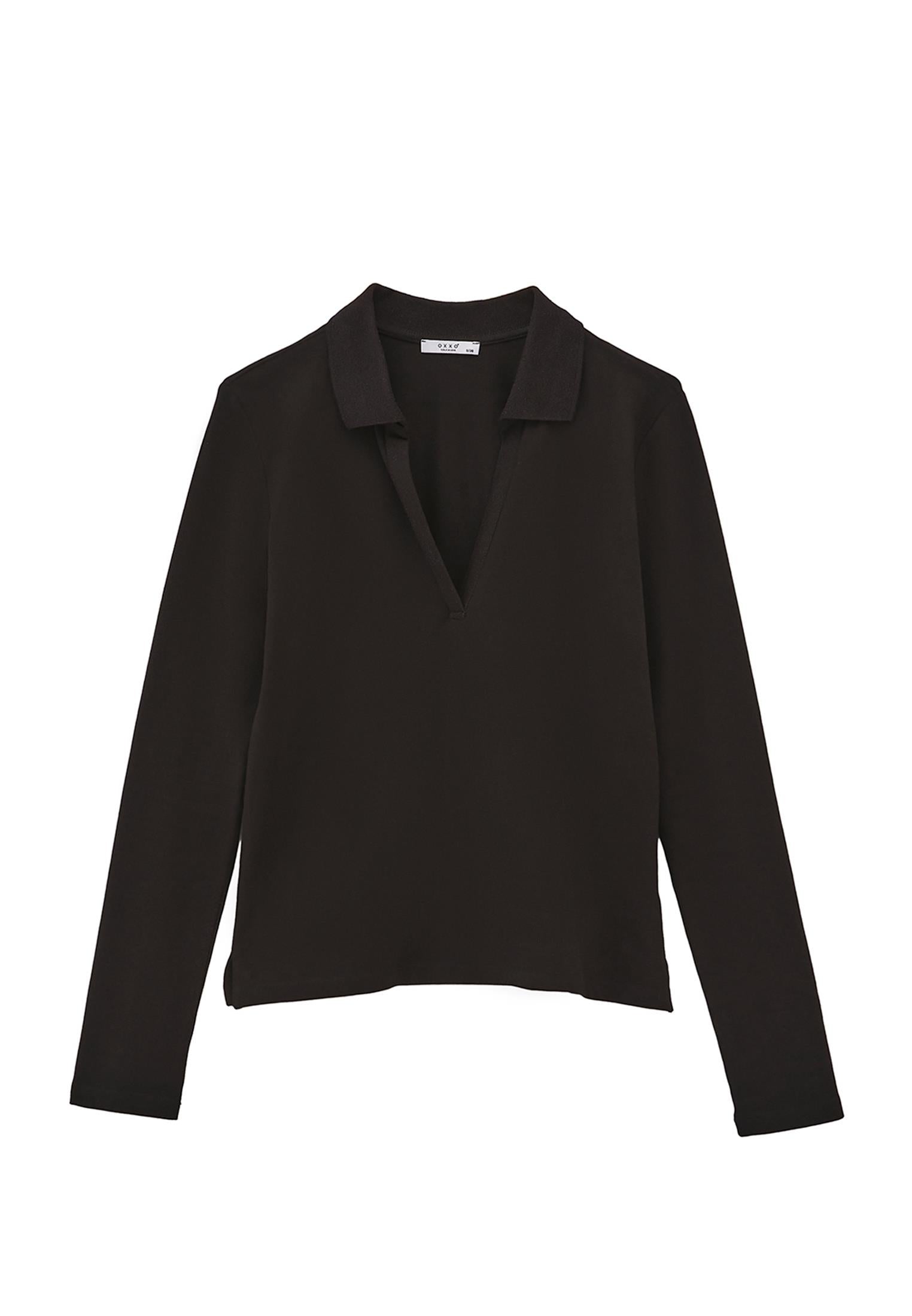 Standard Polo Collar T-Shirt With Slit Detail - BLACK