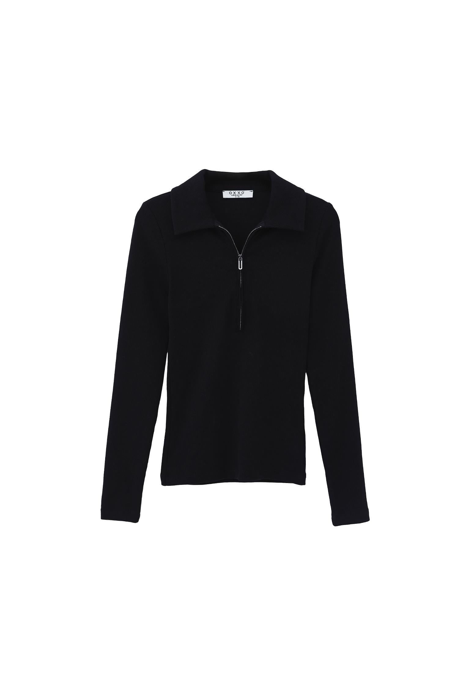 Long Sleeve Polo Collar Zipper Detail T-Shirt - BLACK