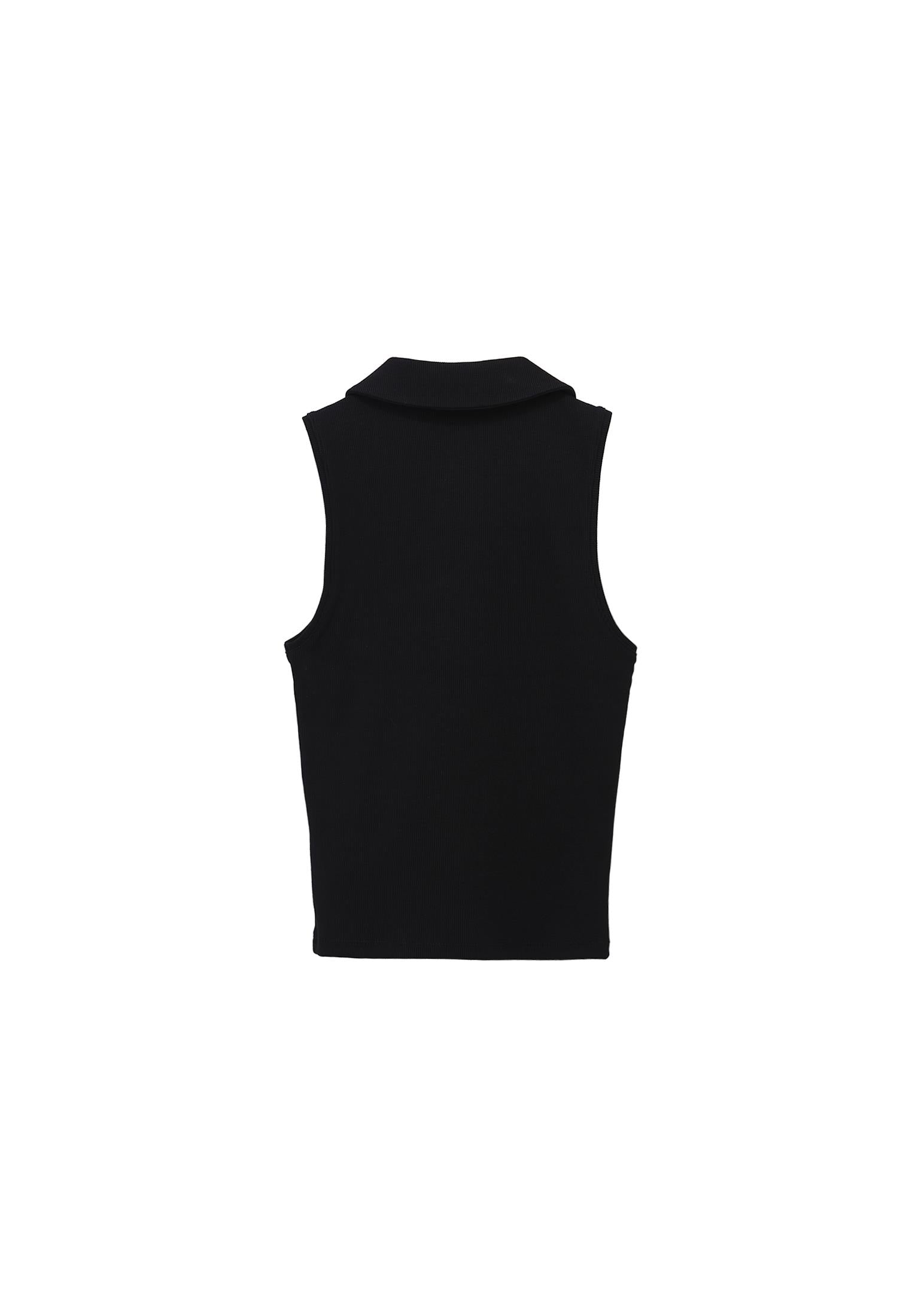 Zip Detailed Polo Collar Tank Top - BLACK