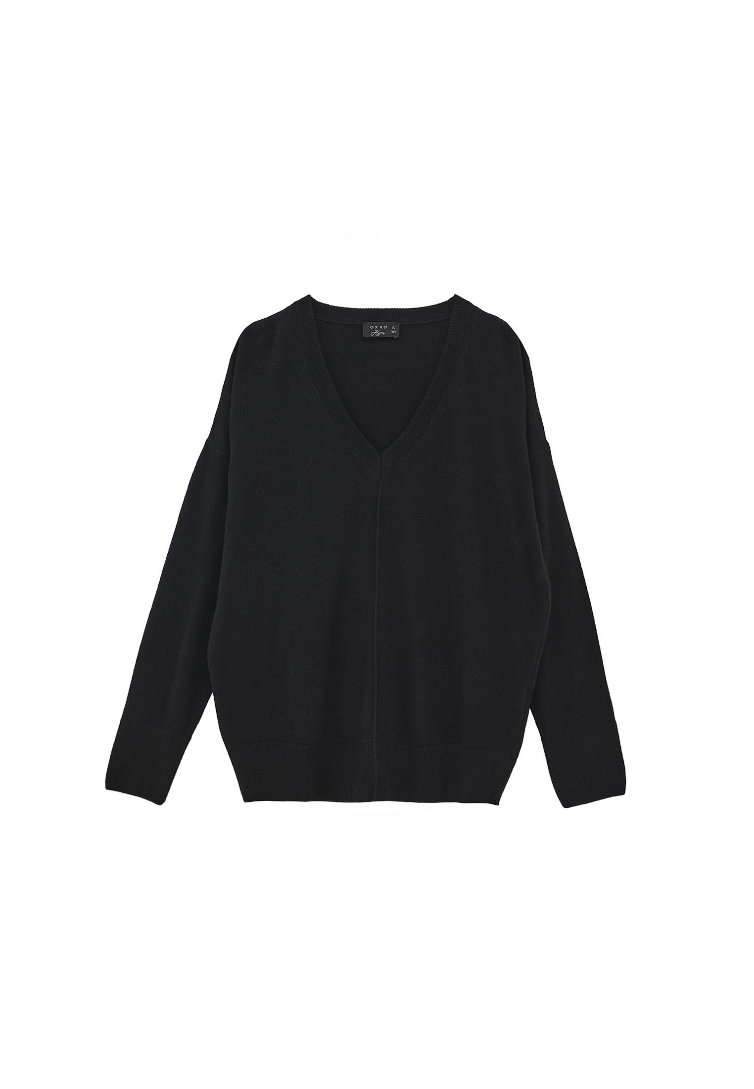 Long V-Neck Knit Sweater With Cashmere Blend - BLACK