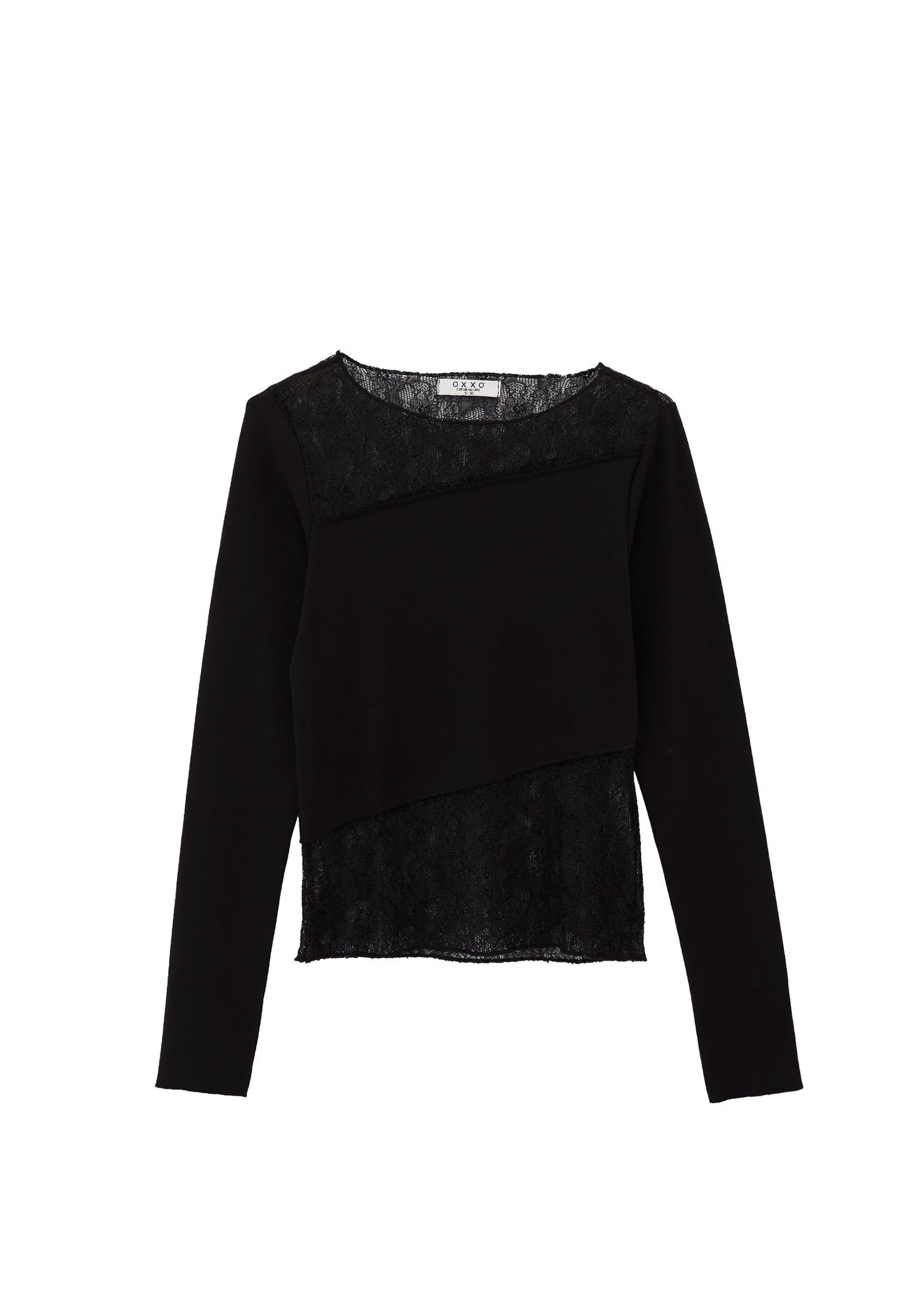 Closed Cut Long Sleeve Crew Neck T-Shirt - BLACK