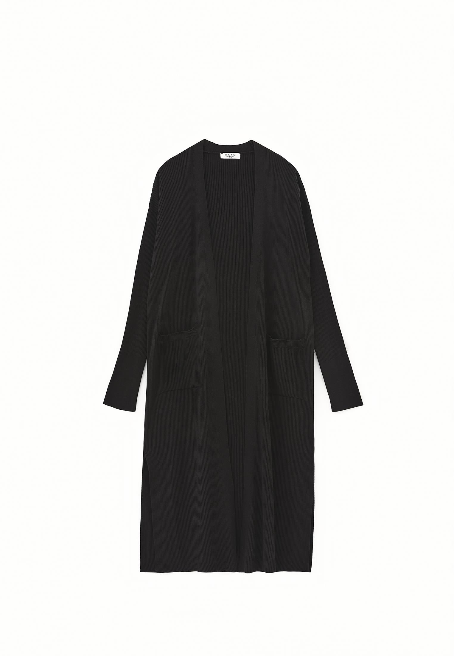 Ribbed Long Sleeve Cardigan - BLACK