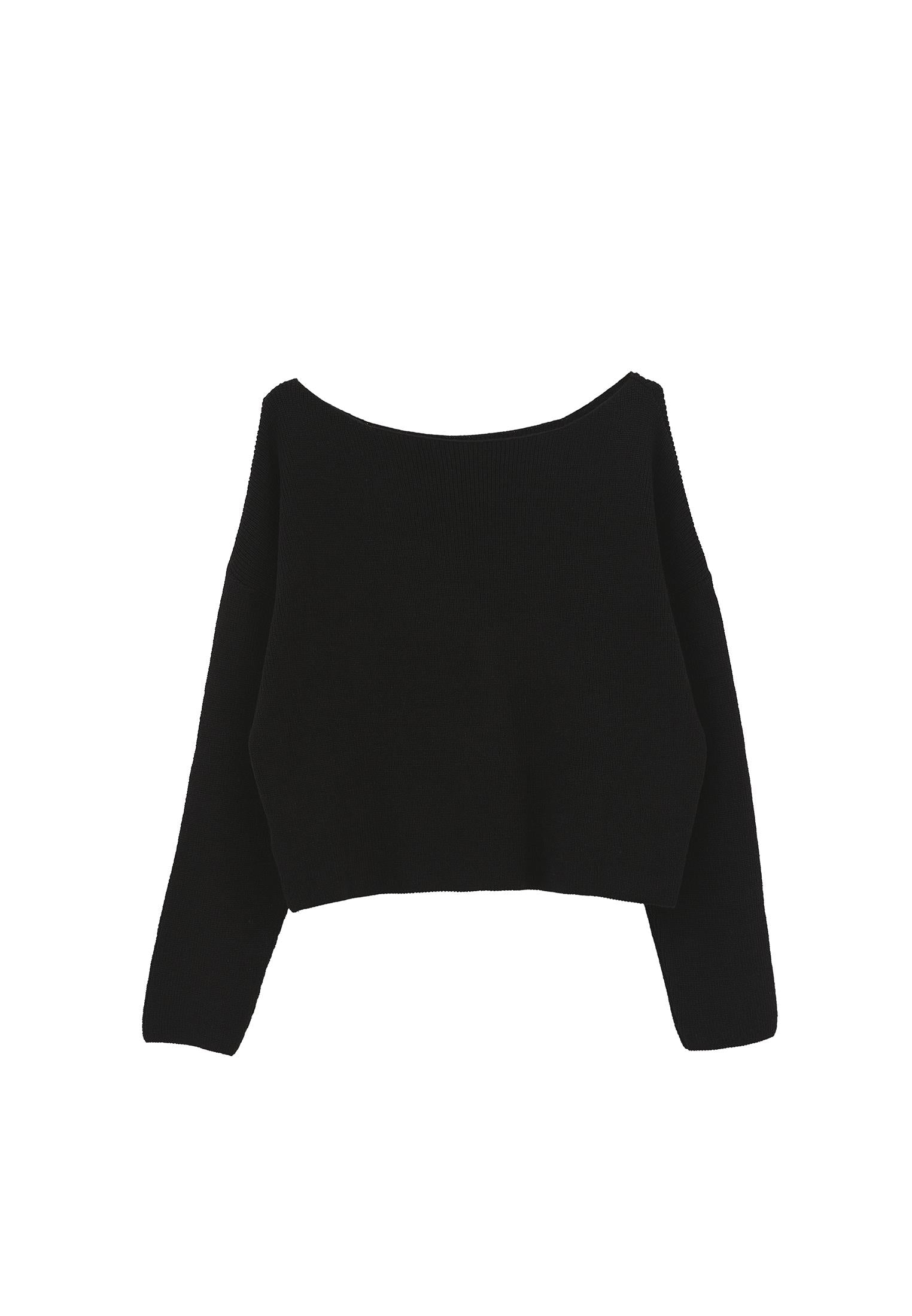 Boat Neck Long Sleeve Sweater - BLACK