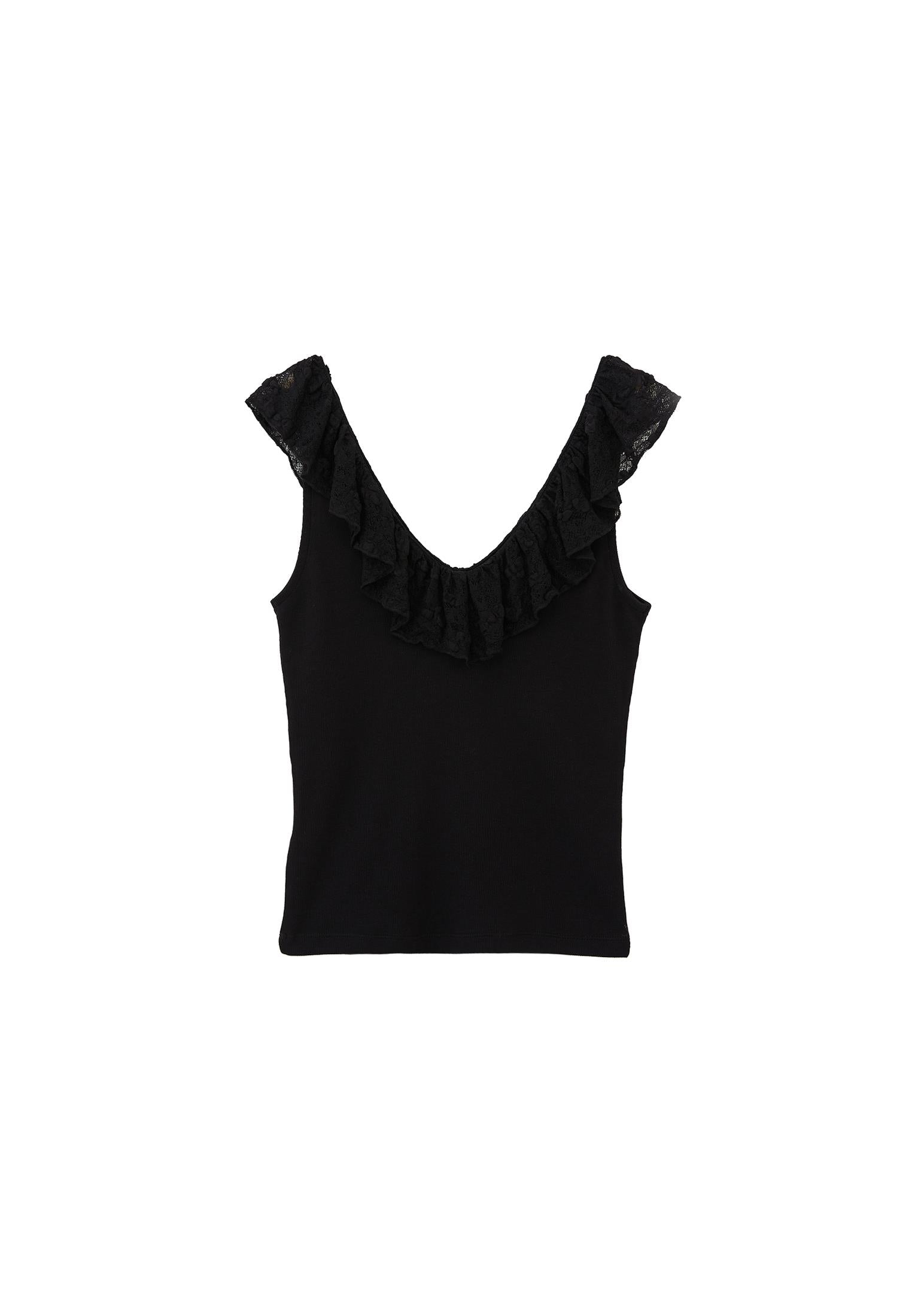 V Neck Frilled Tank Top - BLACK