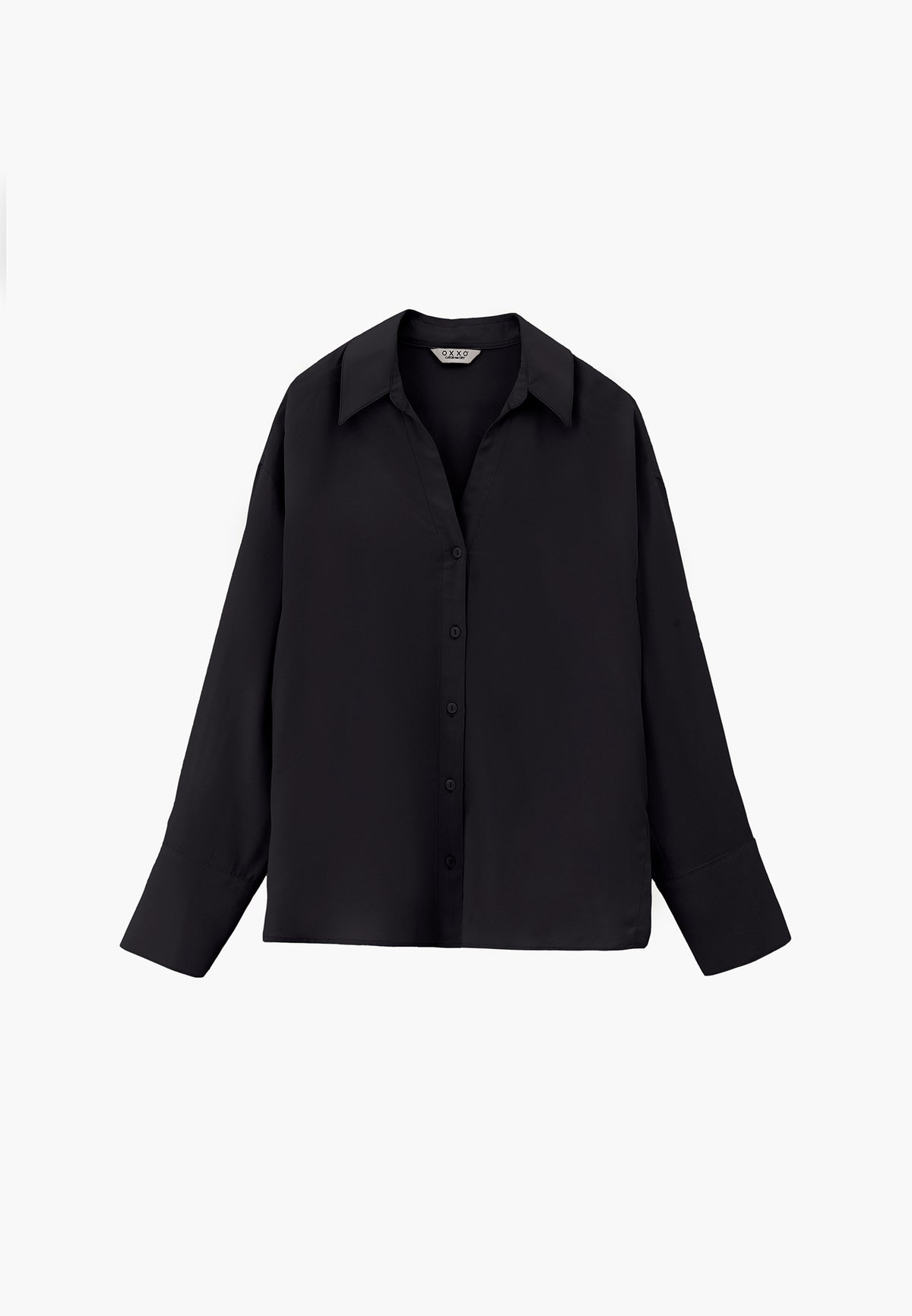 Long Sleeve Shirt with Button Detail and Shirt Collar - BLACK
