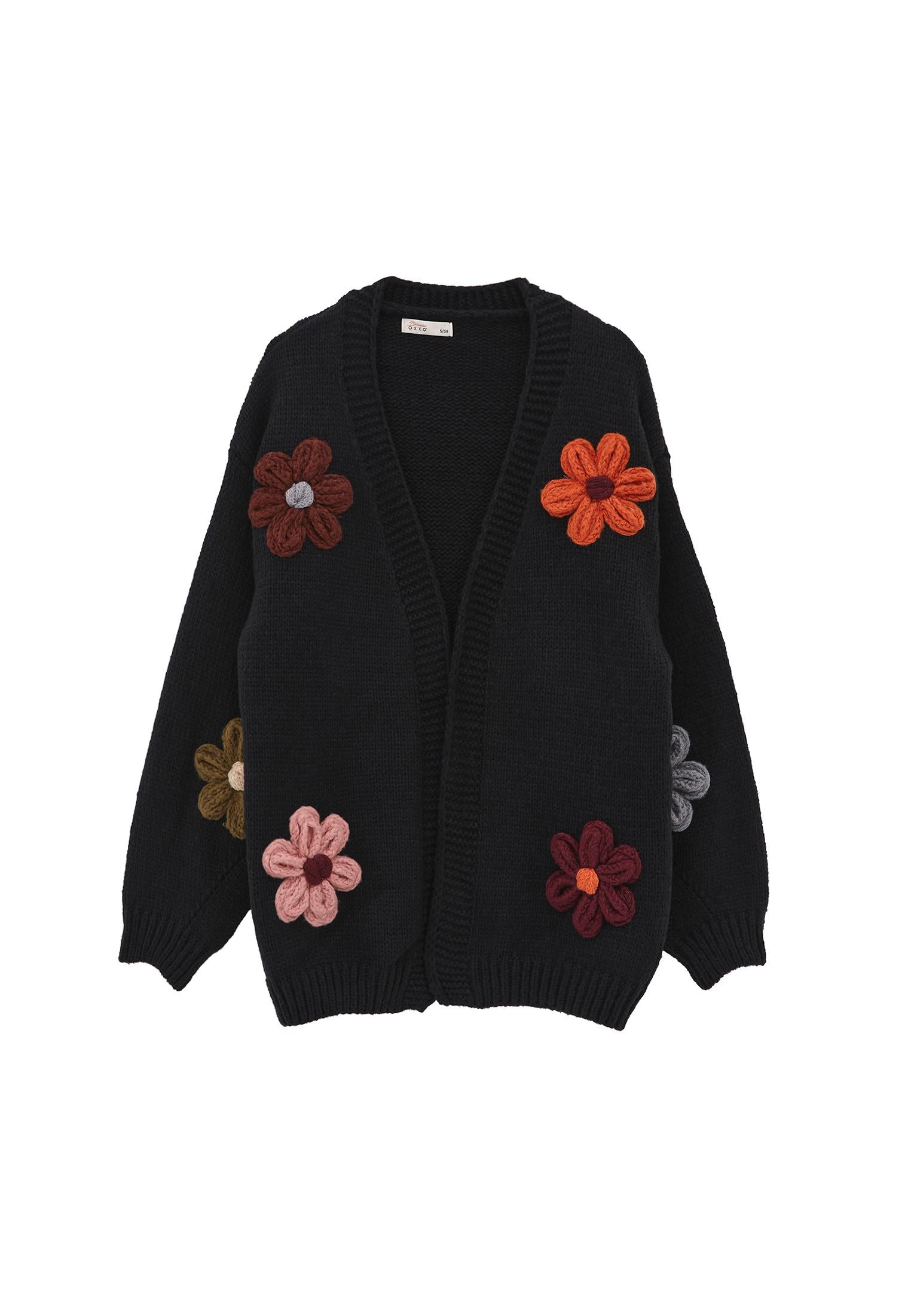 V Neck Oversize Knit Detailed Cardigan - BLACK