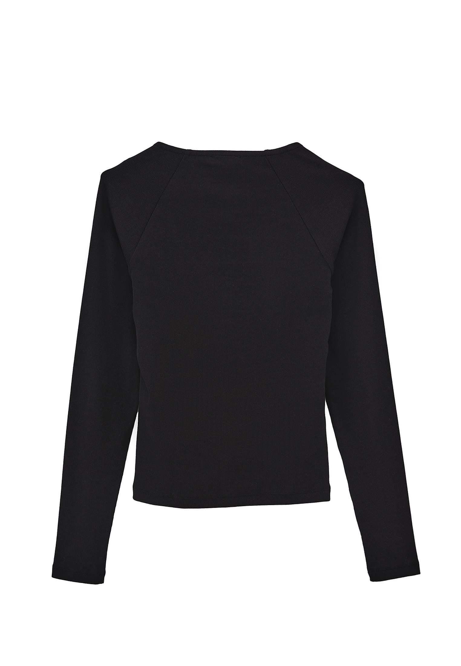 Ribbed Fabric Button Detailed V Neck Long Sleeve T-Shirt - BLACK