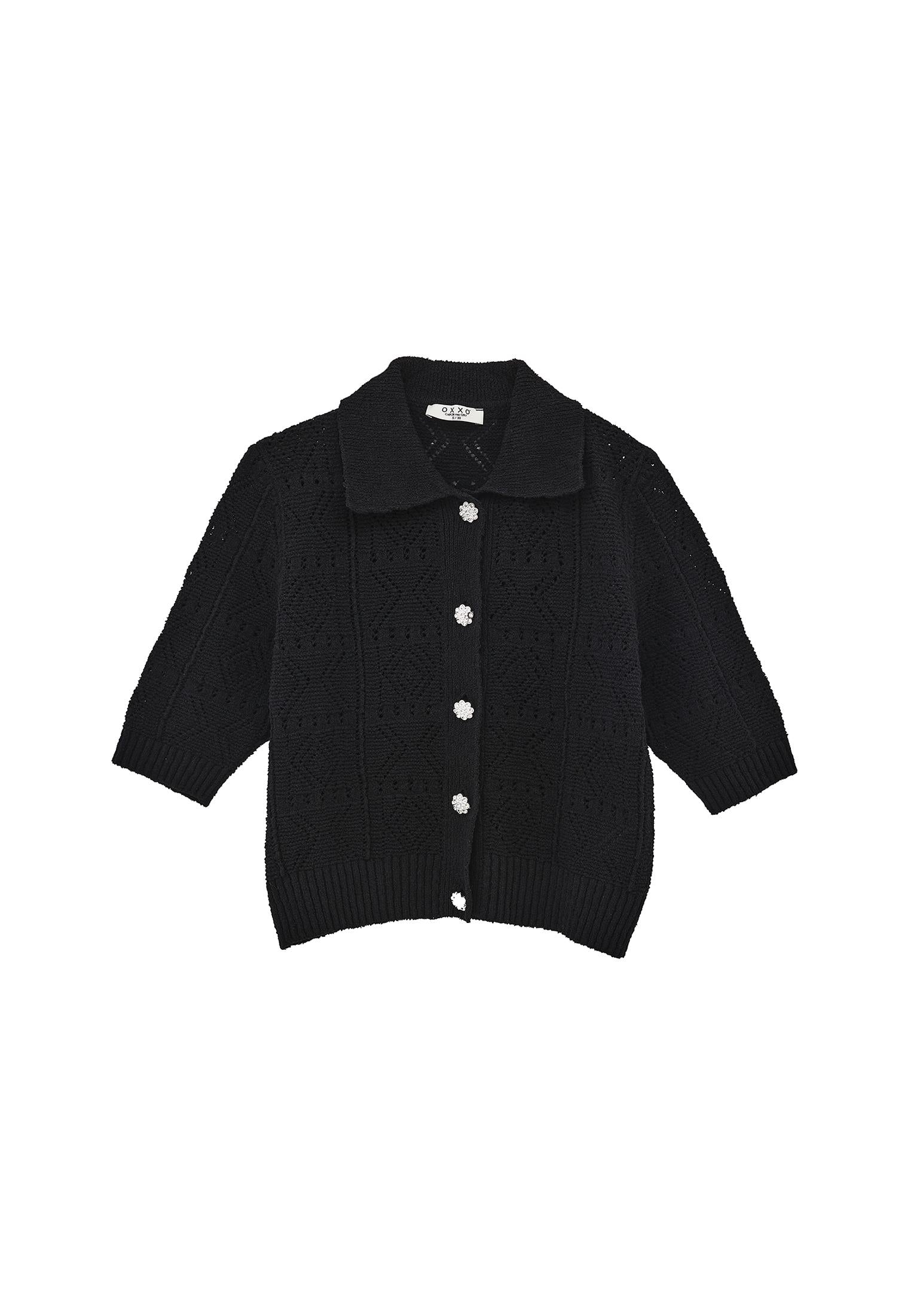 Ajour Short Cardigan With Polo Collar - BLACK