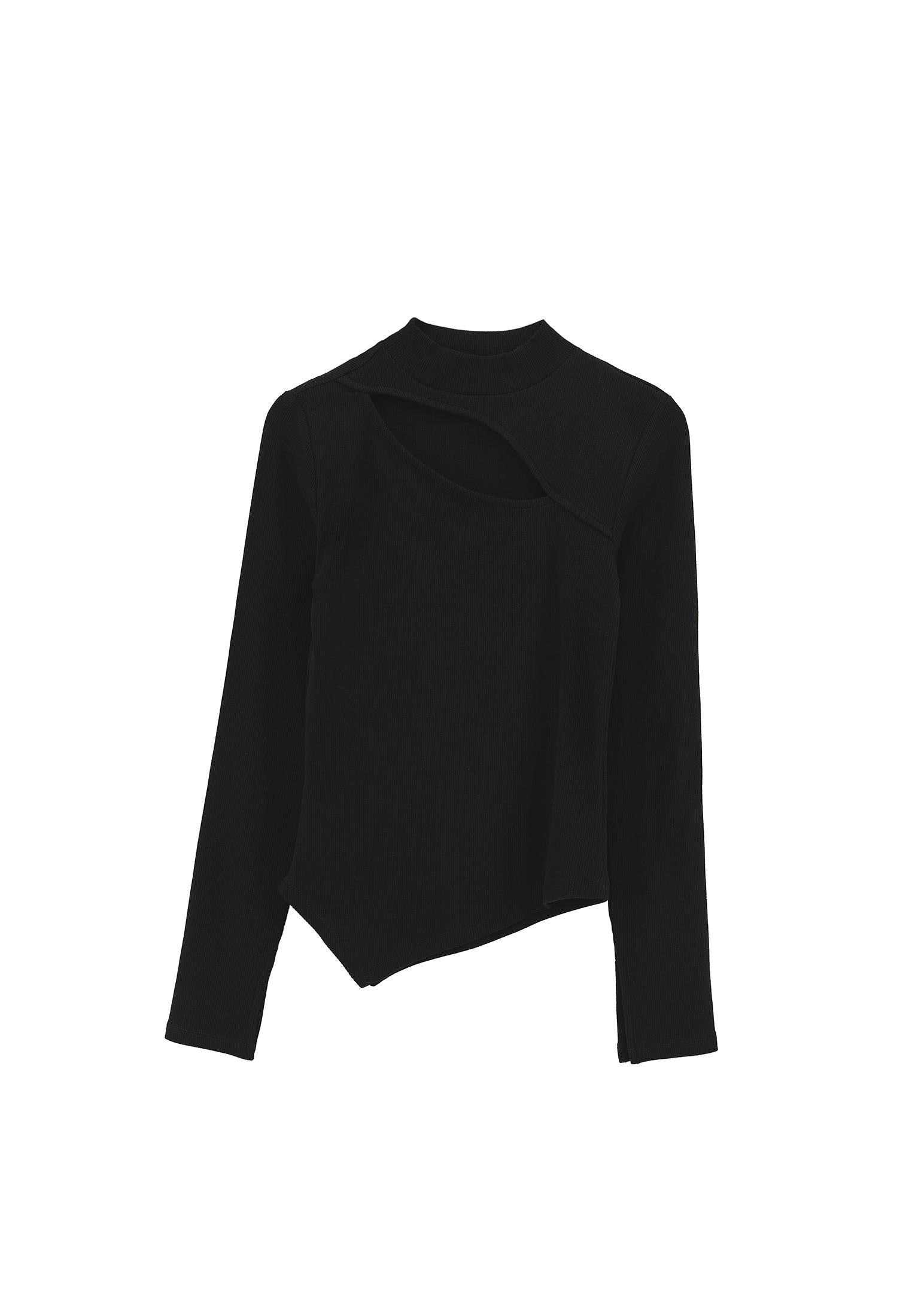 High Neck Cut Out Detail Bodycon T-Shirt - BLACK