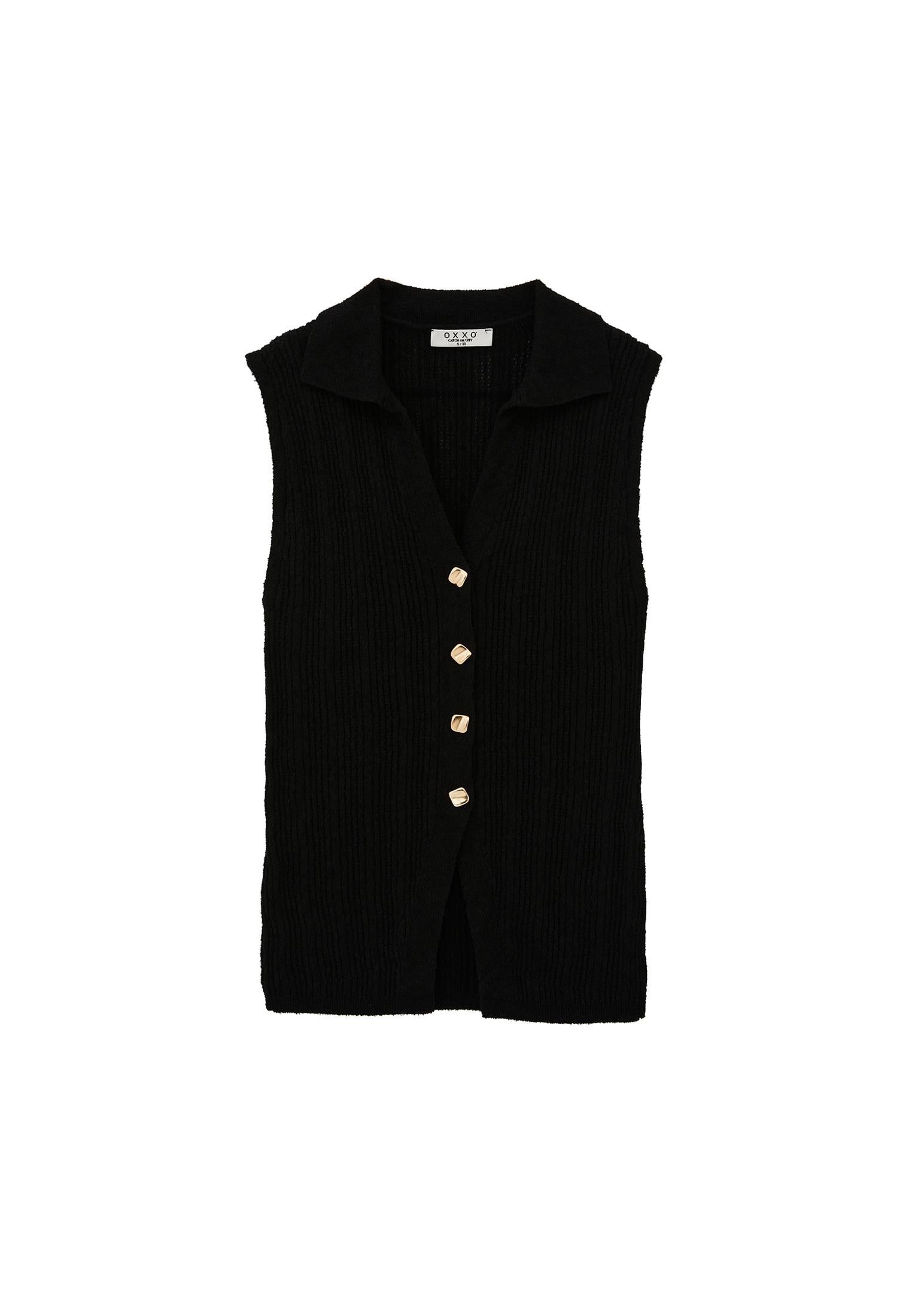 V Neck Boucle Vest - BLACK