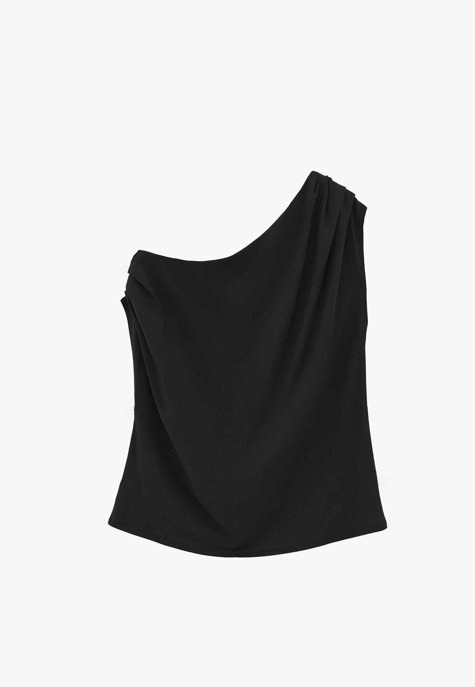 Pleated Asymmetric T-Shirt - BLACK