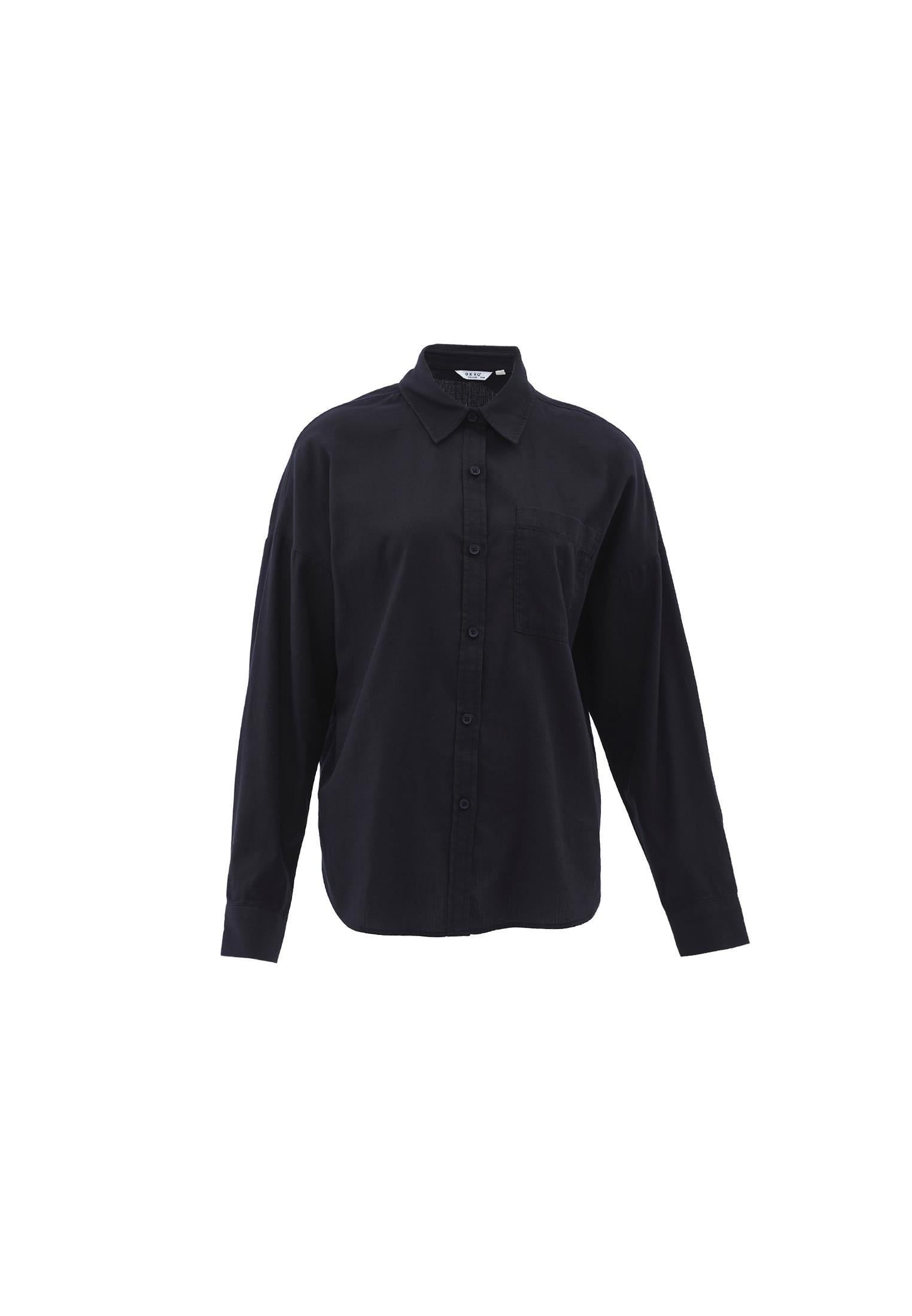 Shirt Collar Buttoned Oversize Long Sleeve Shirt - BLACK