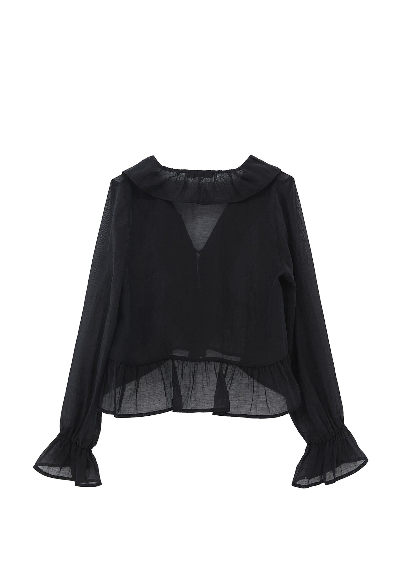 Long Sleeved Ruffled Blouse - BLACK