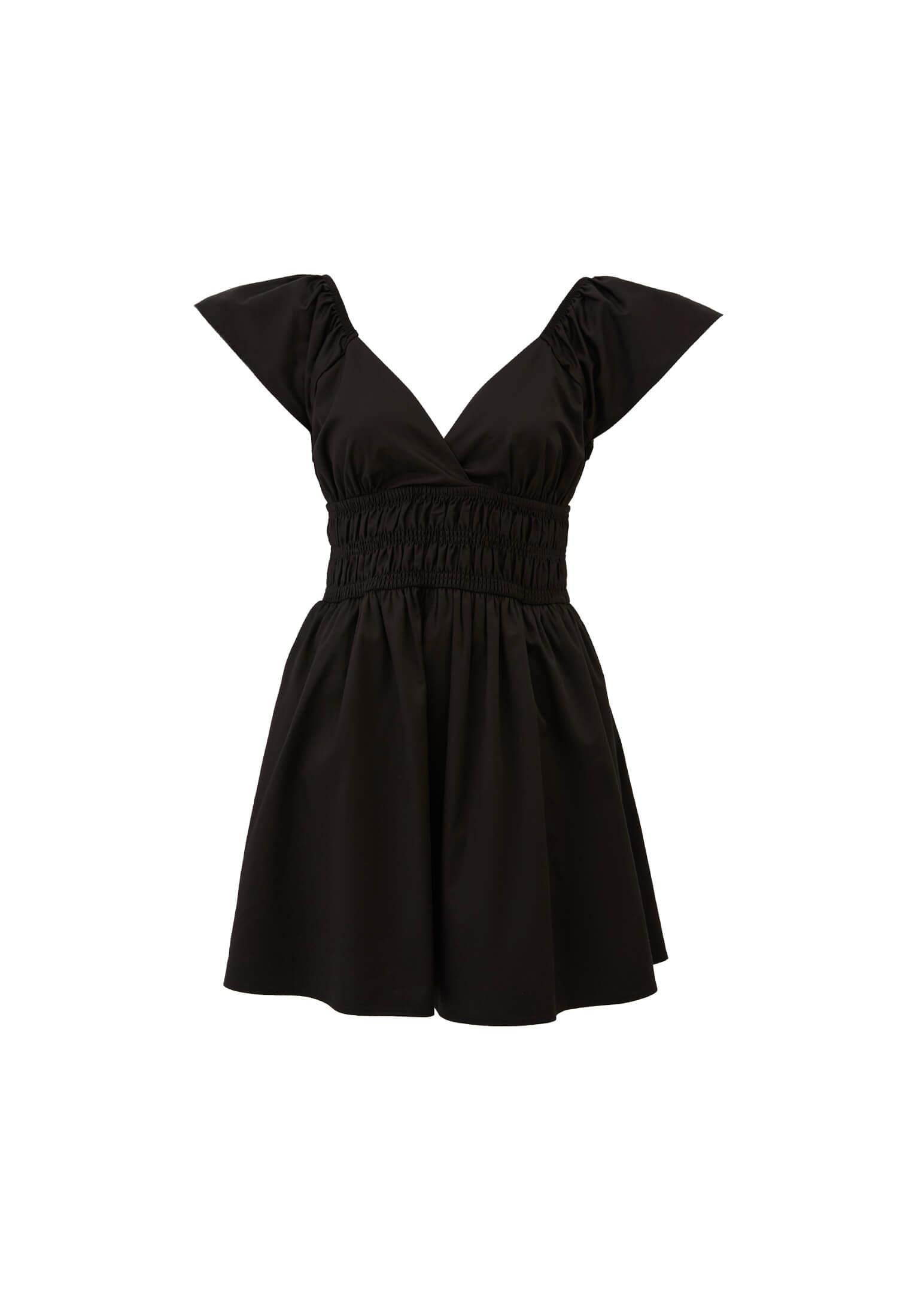 Short V Neck Smocked Dress - BLACK