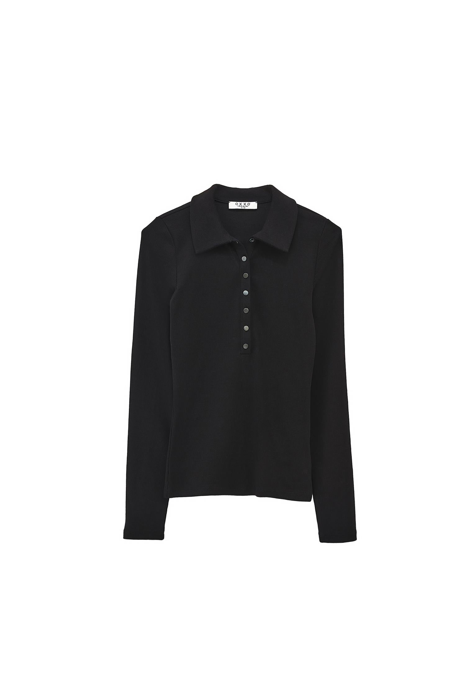 Polo Collar Long Sleeve Bodycon T-Shirt - BLACK