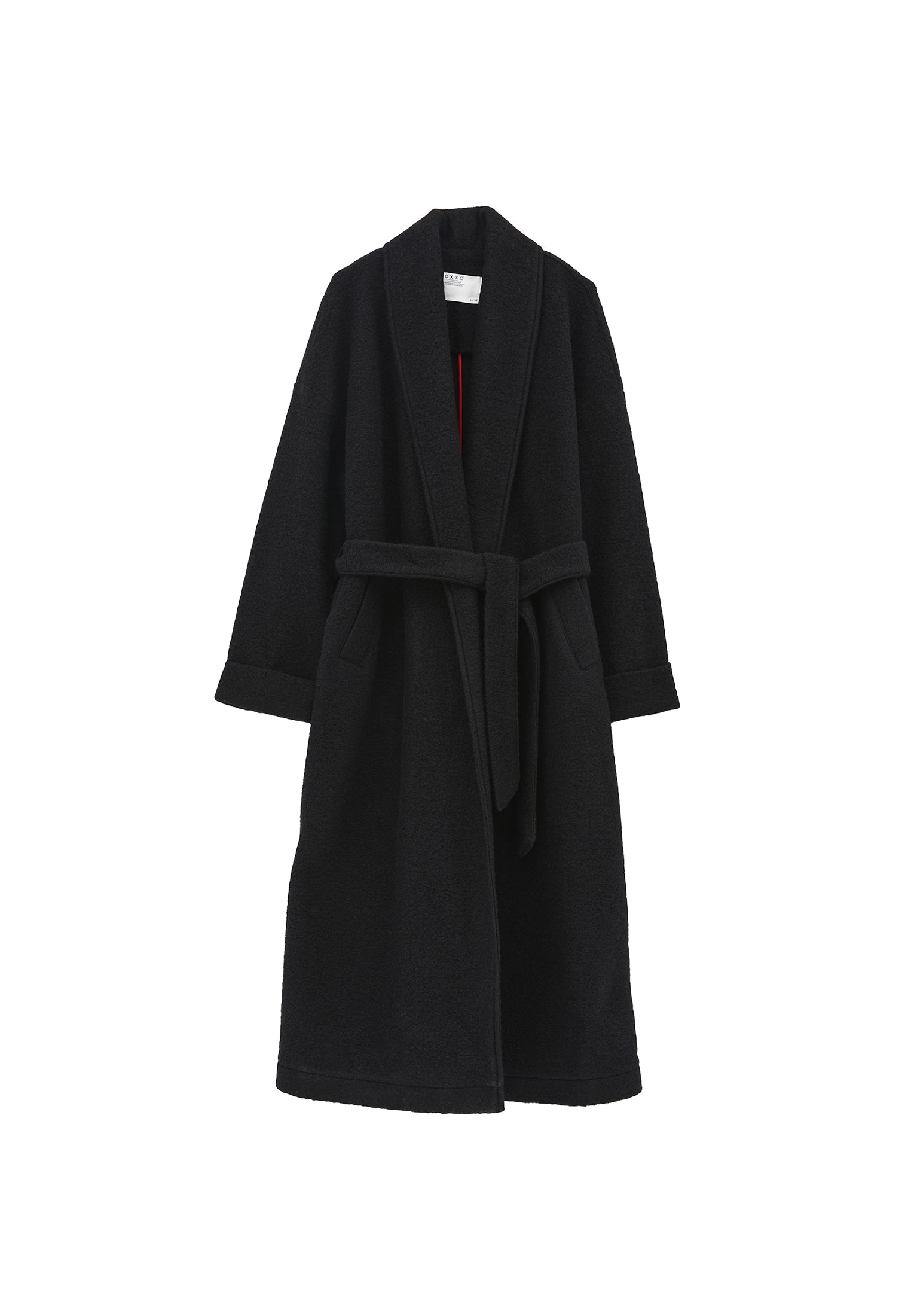Long Coat With Shawl Collar And Belt Detail - BLACK