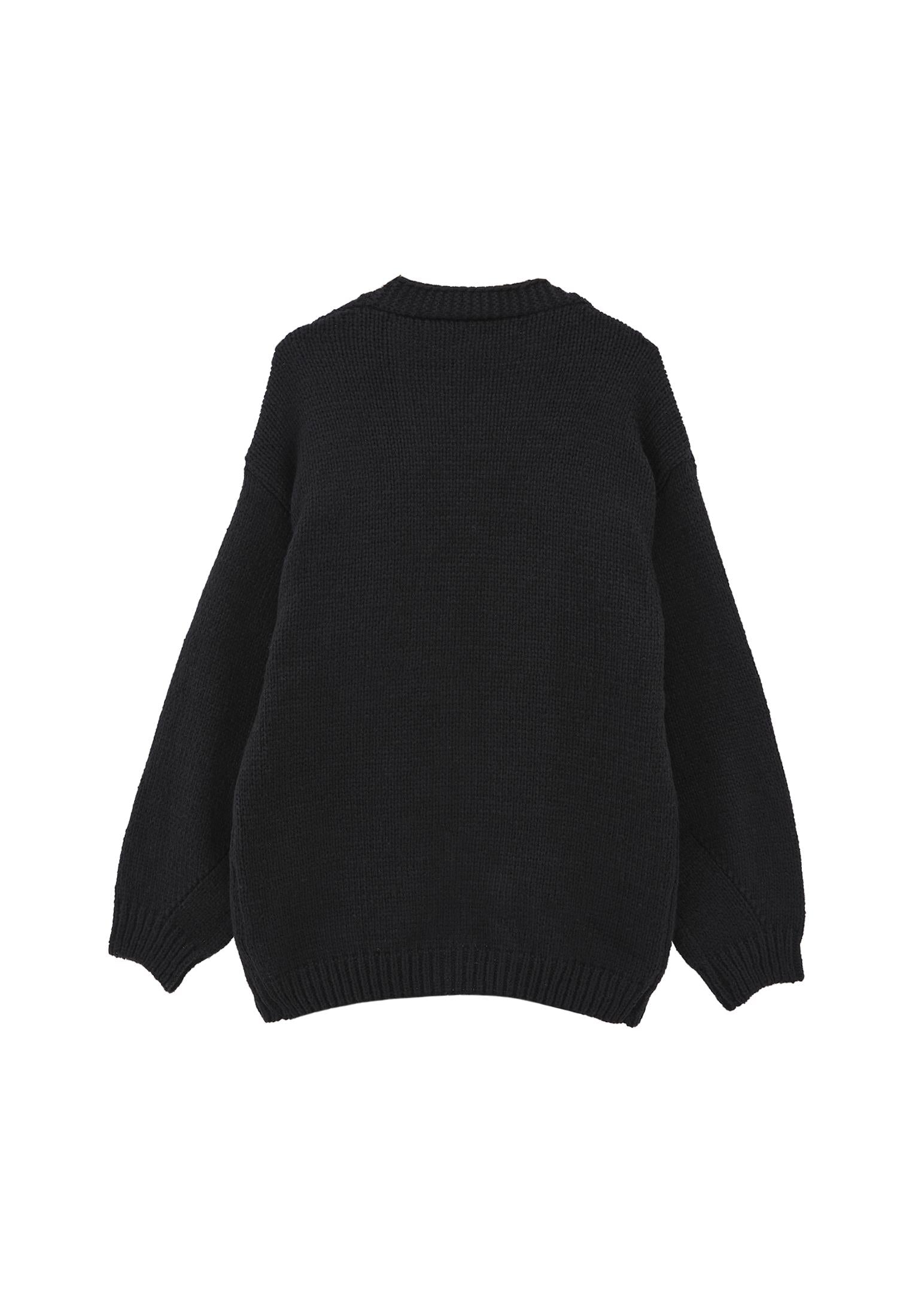 V Neck Oversize Knit Detailed Cardigan - BLACK