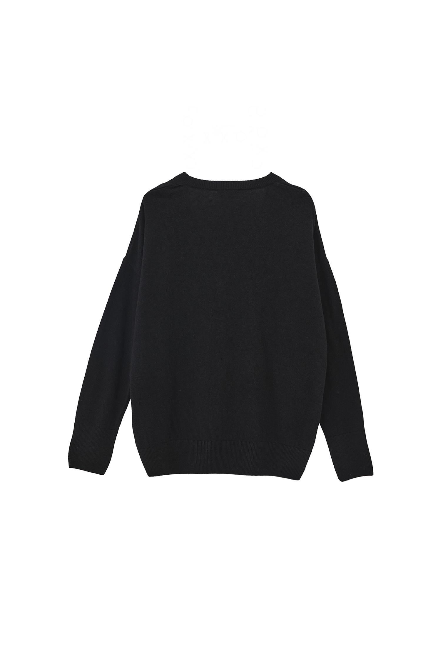 Long V-Neck Knit Sweater With Cashmere Blend - BLACK